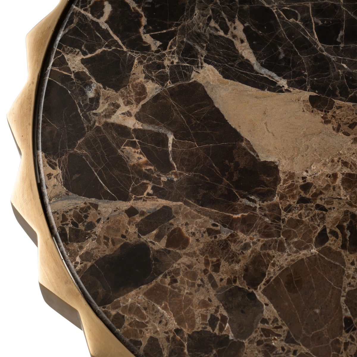 Angled view highlighting the dark brown marble top set within the scalloped metal edge of the Mabel Pull Up Table, with a large tan inclusion near the center.