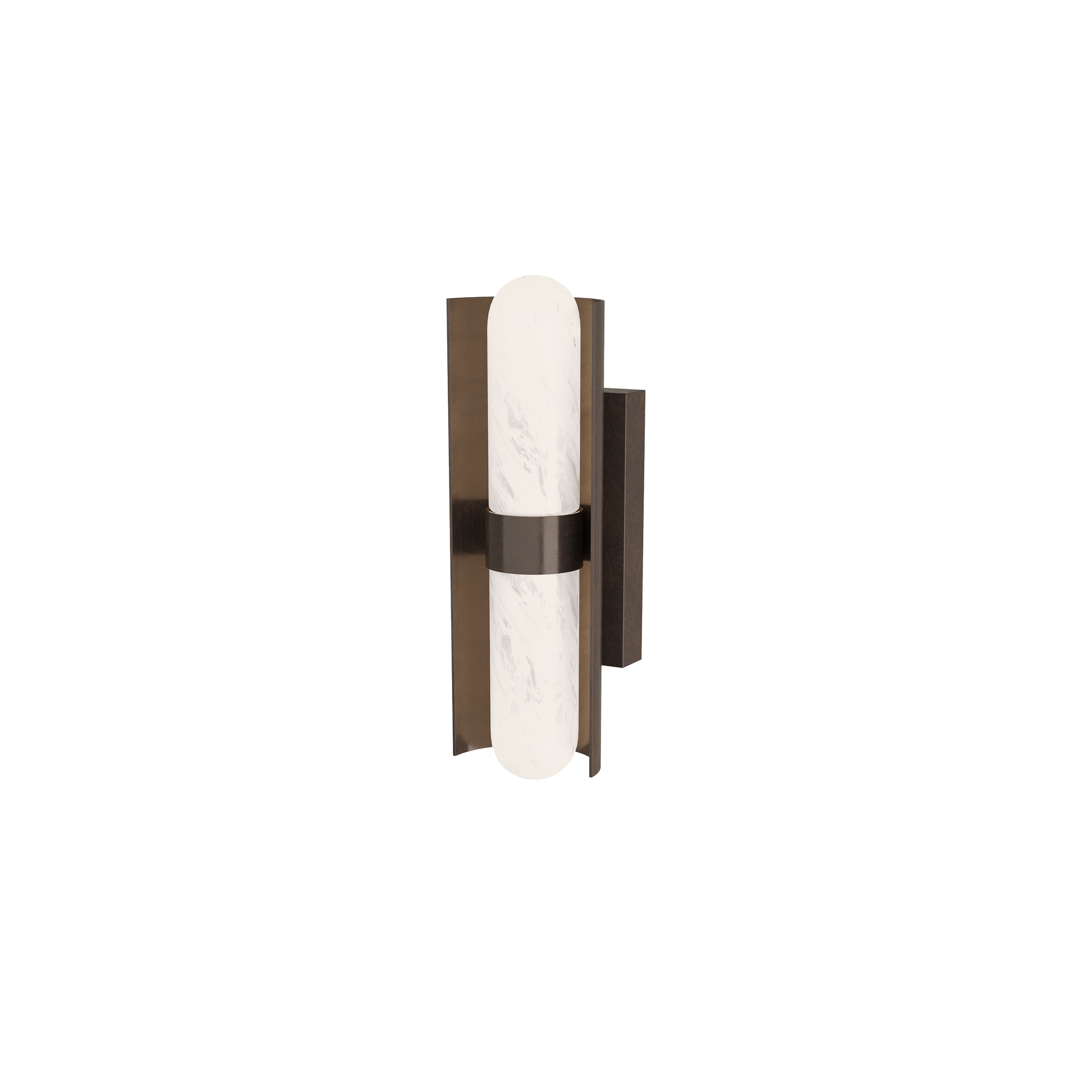 The Bretman Wall Sconce offers a brilliantly simple yet elegant lighting solution with its tubular glass in a matte swirled finish, complemented by a steel backplate in English Bro