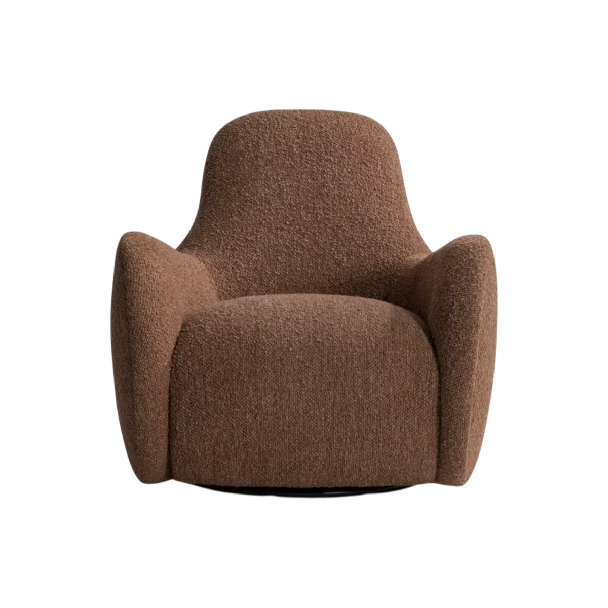 The Tucci Swivel Chair shown from the front in toffee boucle, its rounded wingback silhouette and plush proportions set on a swivel base.