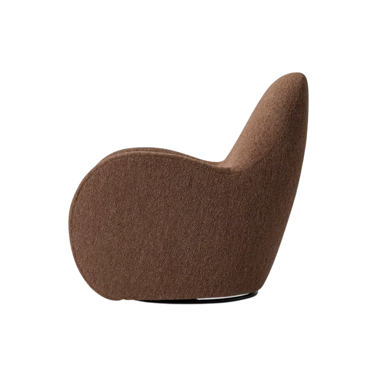The Tucci Swivel Chair shown in profile in toffee boucle, its high curved back tapering into a rounded seat atop a low swivel base.