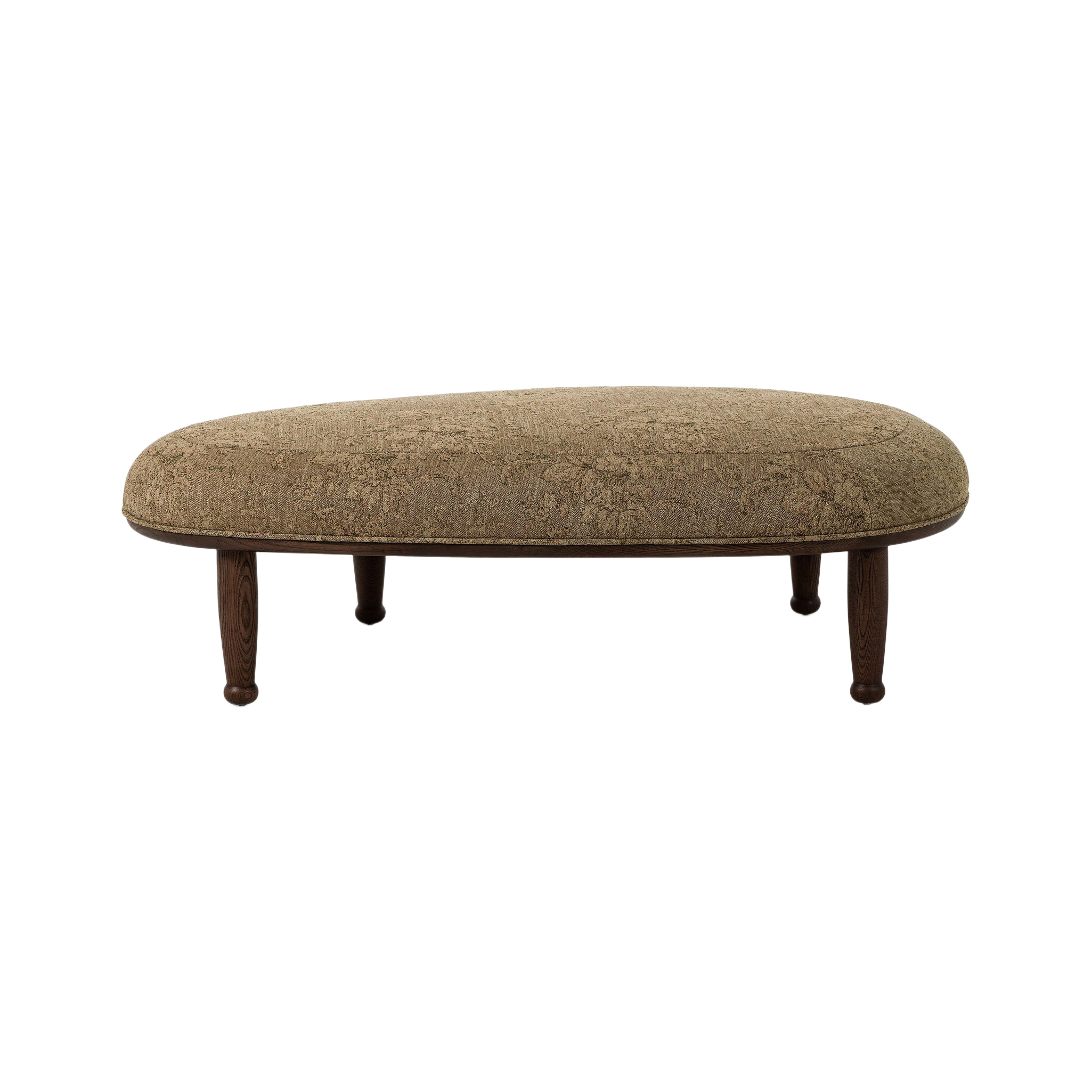 Flora Ottoman with an elongated oval cushion in warm taupe patterned upholstery, set on a dark wood frame with tapered turned legs.