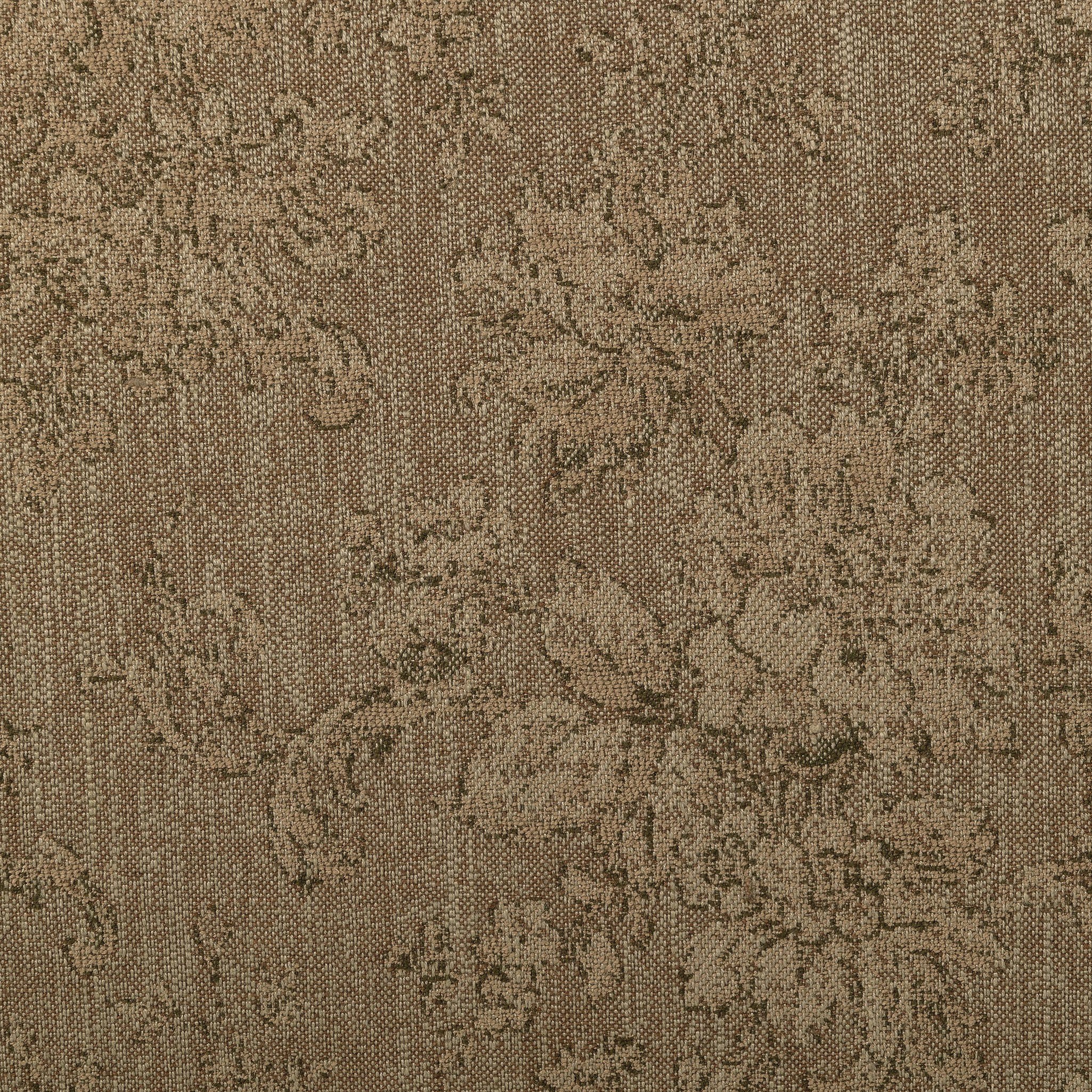 Close-up of the Flora Ottoman fabric, showing a warm taupe woven textile with a subtle tonal floral pattern and textured surface.