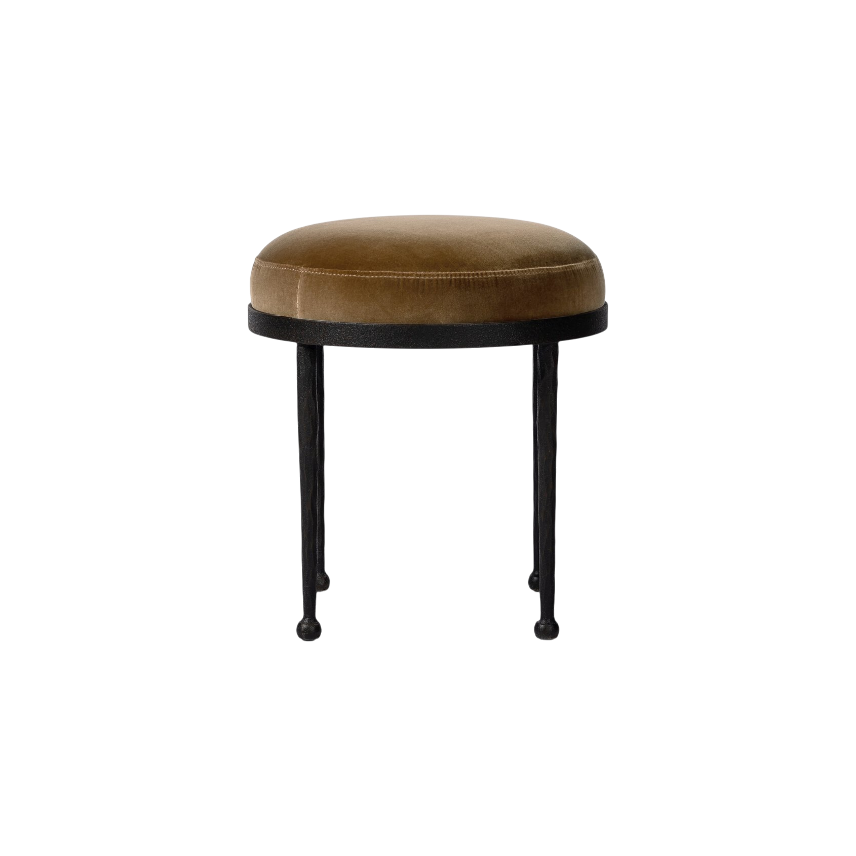 Florian Stool with round Surrey Ochre velvet seat and hammered black iron frame with tapered legs.