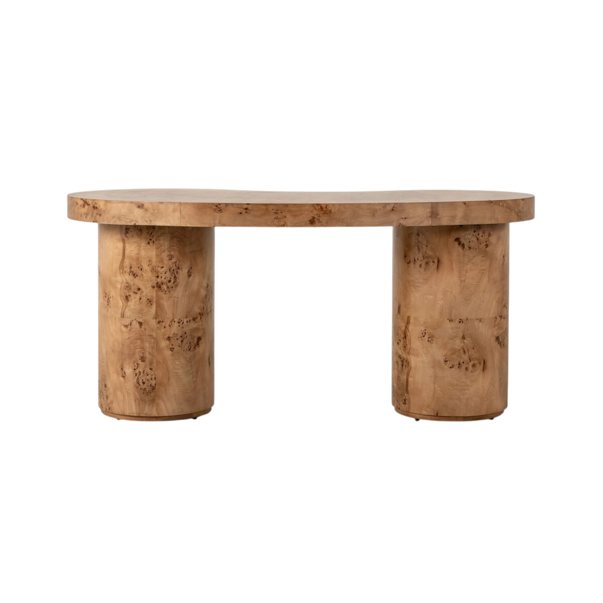 Eclipse Desk in natural burl wood with a curved asymmetric top and two substantial cylindrical pedestal bases.