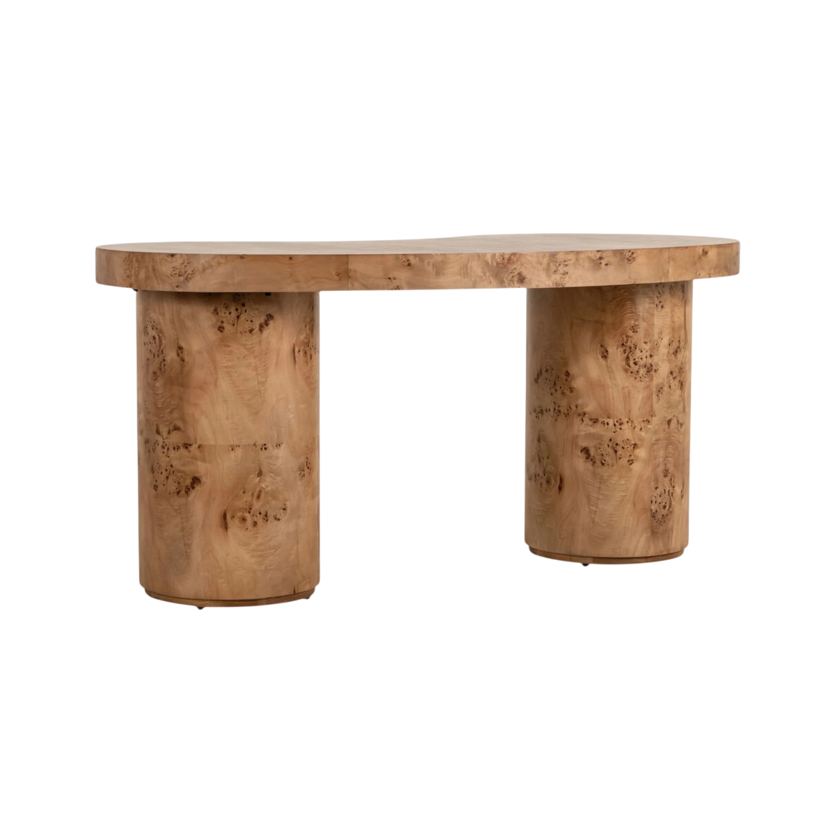 Angled view of the Eclipse Desk showing the sculptural curved top, rounded burl wood pedestals and distinctive organic grain pattern.