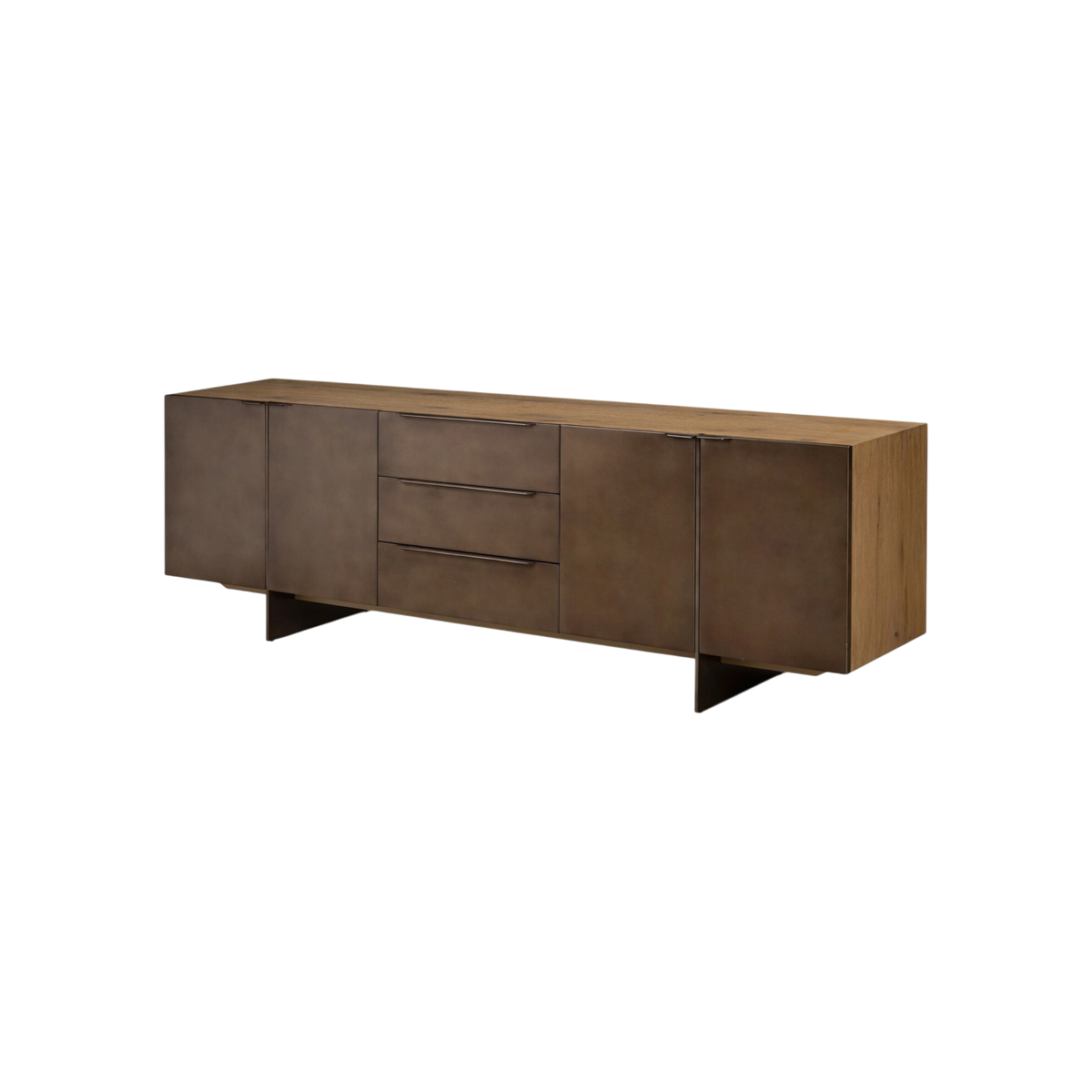 Angled front view of the Sonoma Sideboard showing its smoked oak case, dark metal fronts, integrated bronze pulls and blade-style legs.
