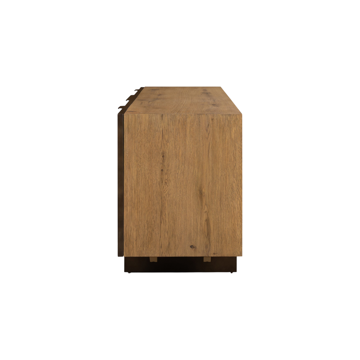 Side profile of the Sonoma Sideboard highlighting the warm smoked oak grain, substantial rectangular form and dark metal base.