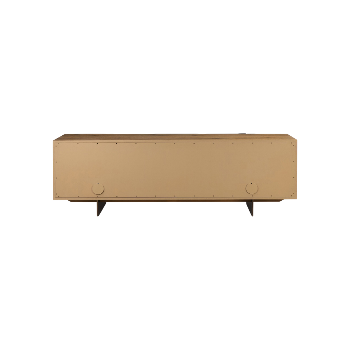 Sonoma Sideboard rear view showing the warm smoked oak case, finished back panel and slim dark metal blade legs.