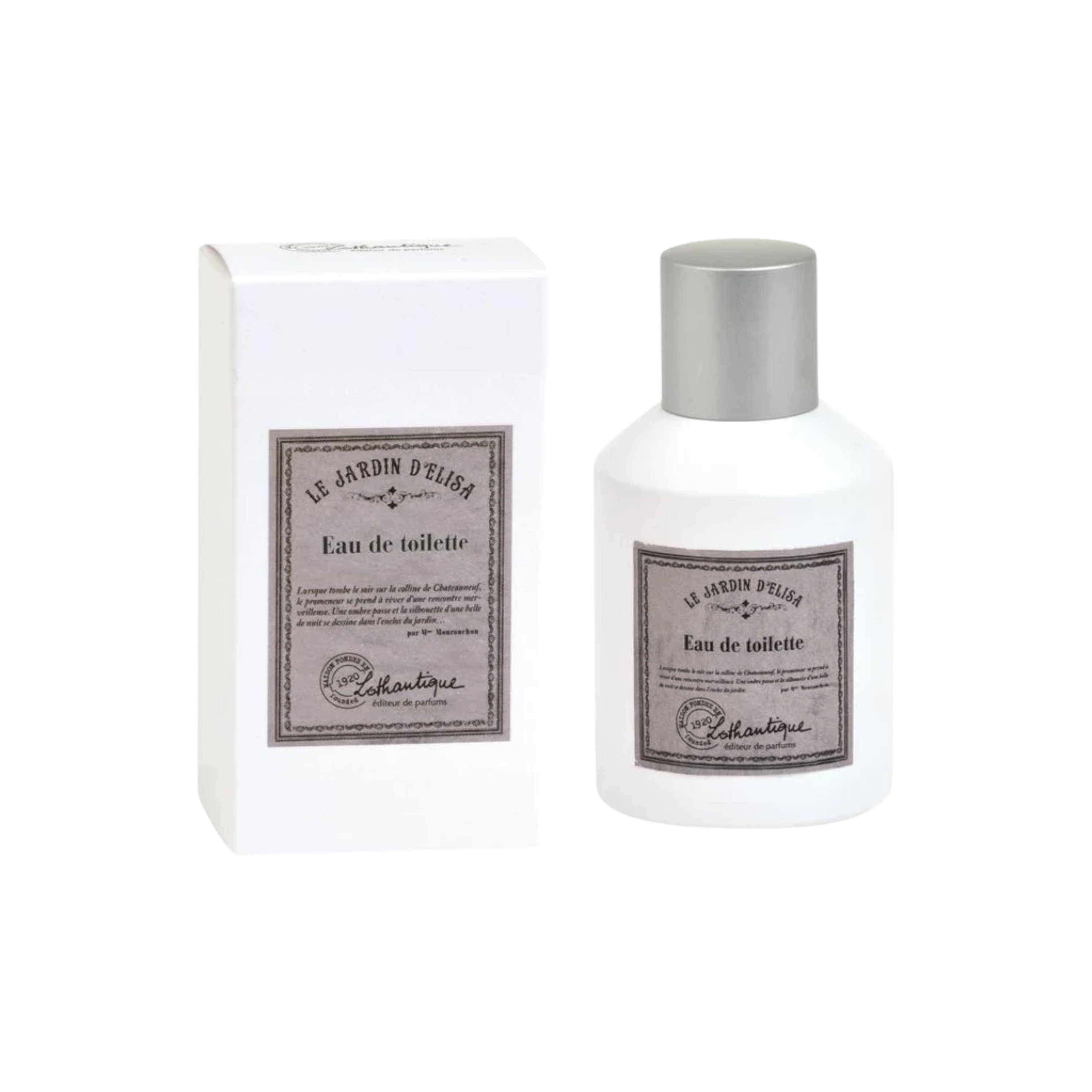 A white cylindrical bottle of Le Jardin d'Elise Eau de Toilette with a silver cap stands next to its white rectangular box packaging, both featuring a vintage-style gray label.