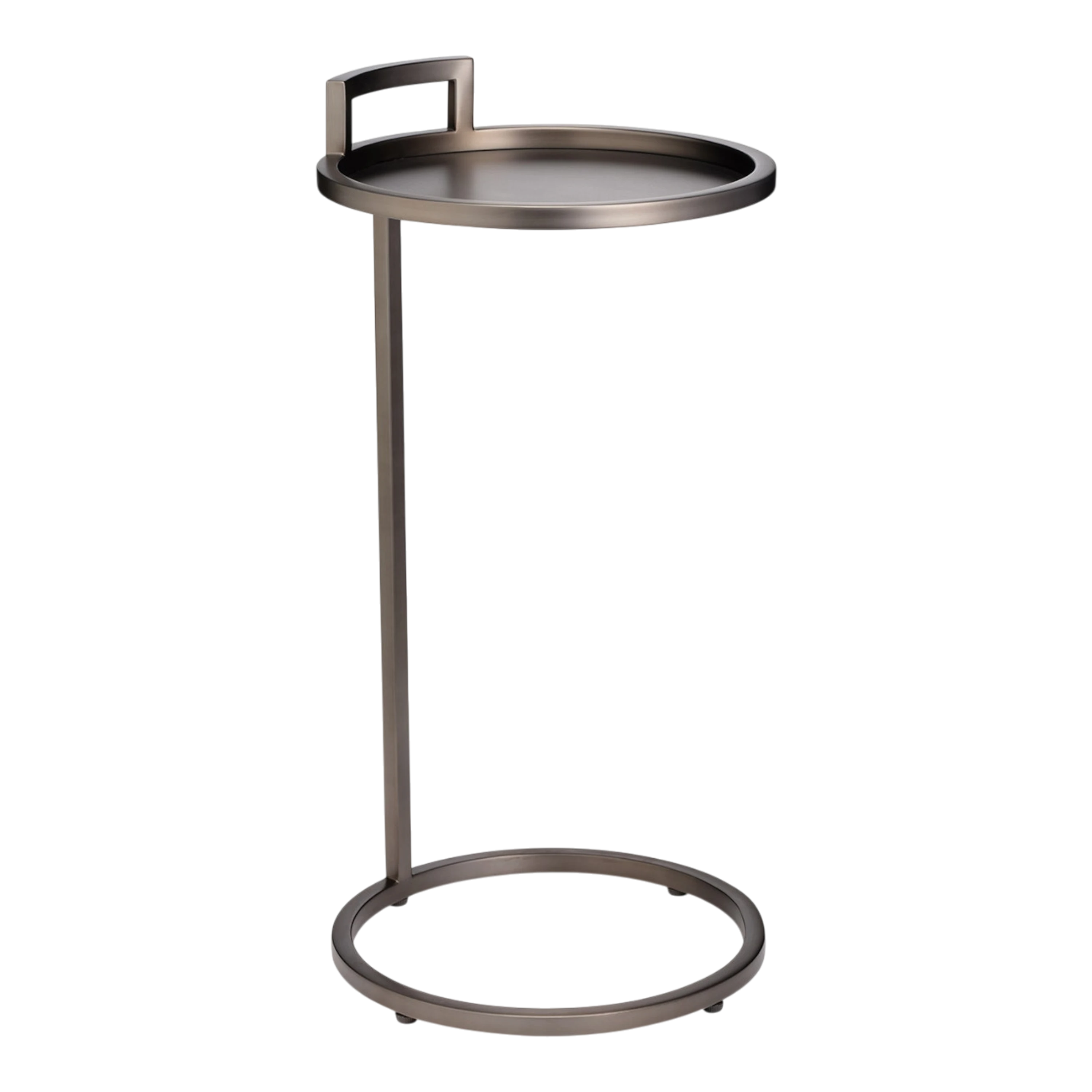 Taryn Side Table in brushed zinc stainless steel with a round tray top, integrated rectangular handle, slim cantilevered support and open circular base.