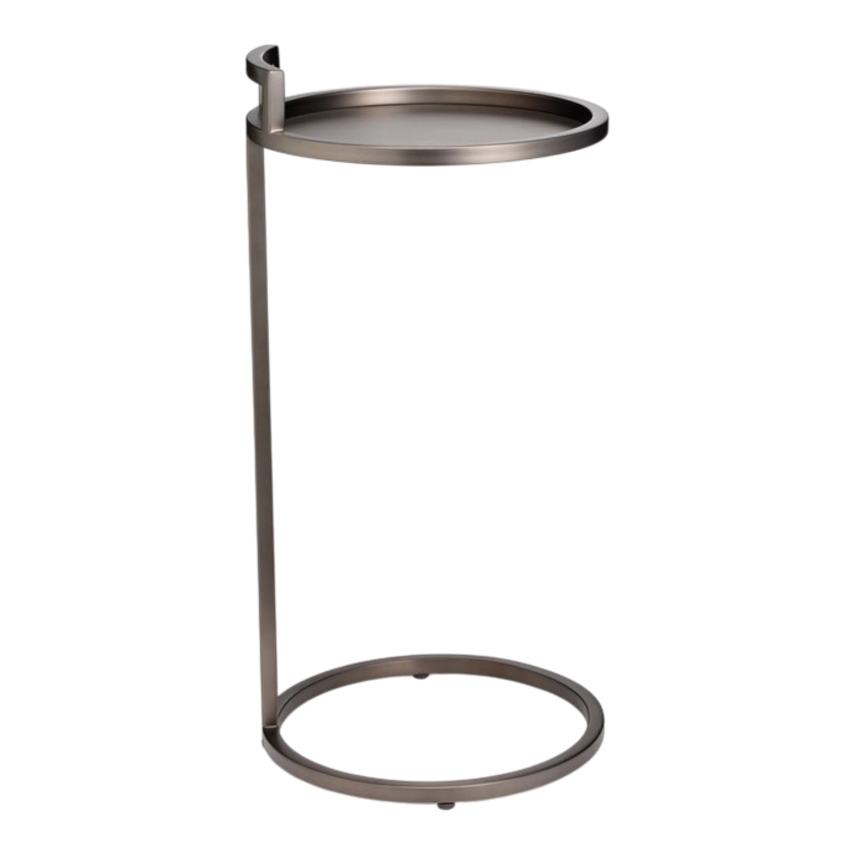 Angled side view of the Taryn Side Table highlighting its raised tray edge, brushed metal finish, slender vertical frame and circular base.
