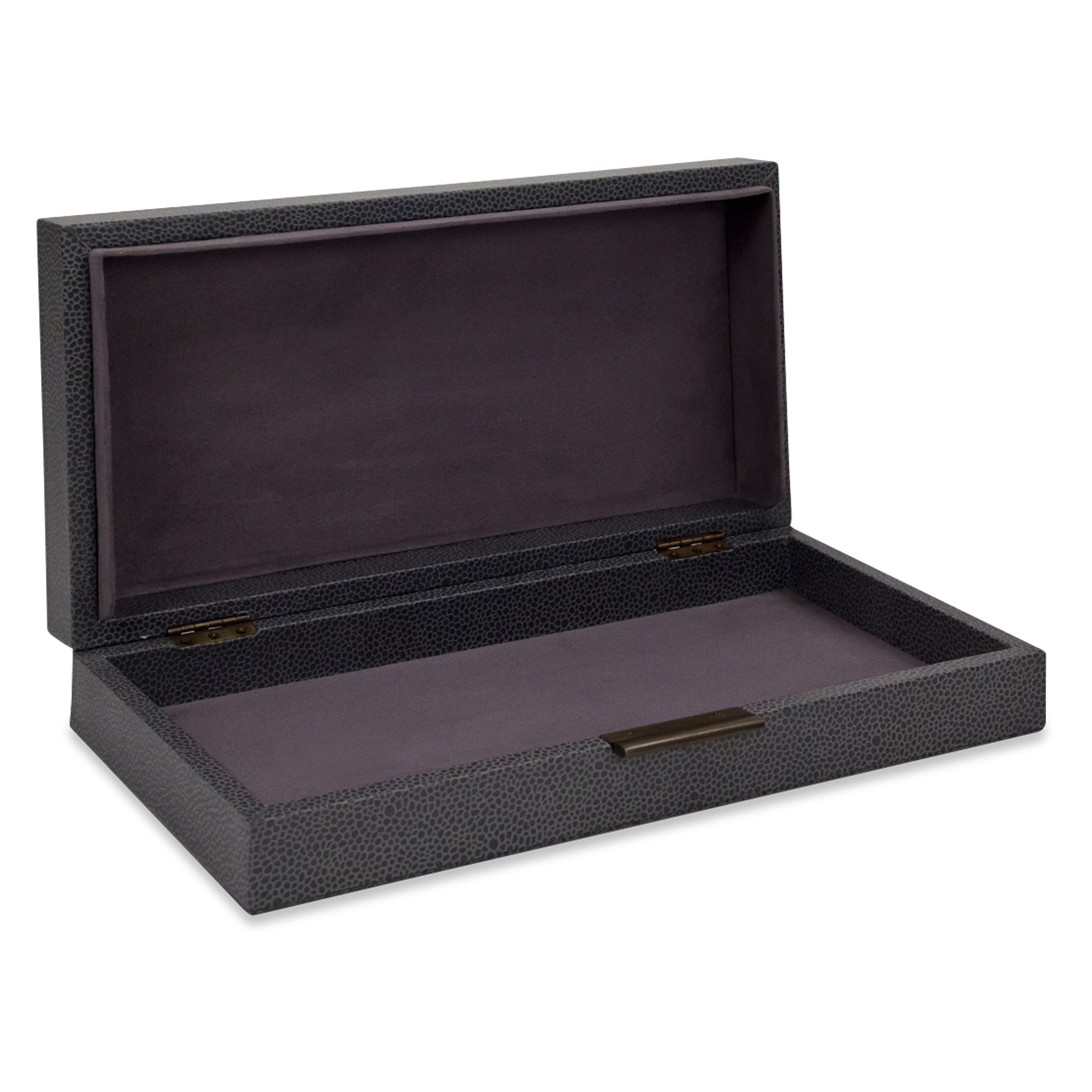 The perfect subtle graining of leather and understated bronze slim knobs provide fantastic complements for the stylish grey interior and smooth suede bases of these boxes.