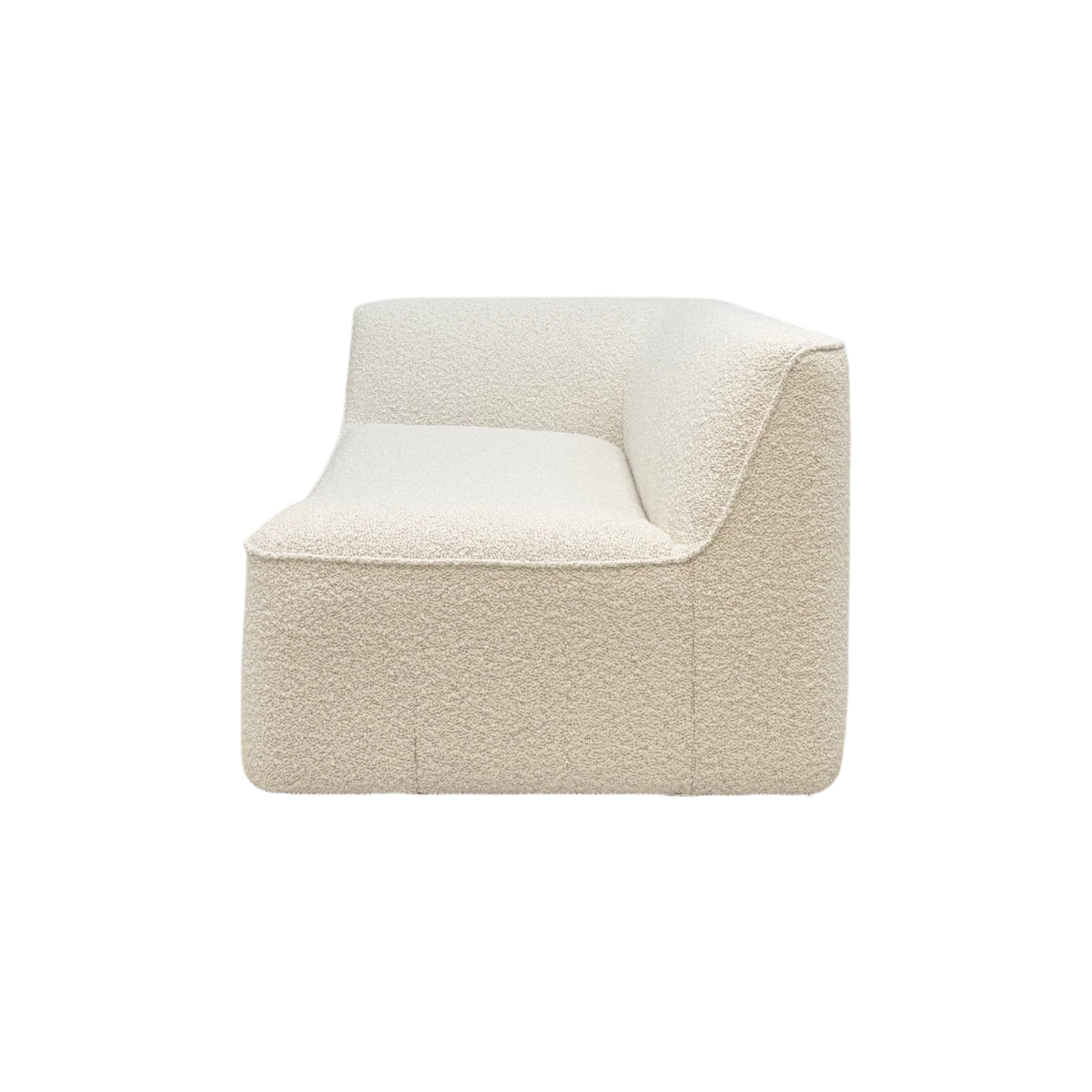 Bento Modular LAF Chair in ivory bouclé, side angle showing the curved left arm, wraparound back and plush modular seat.