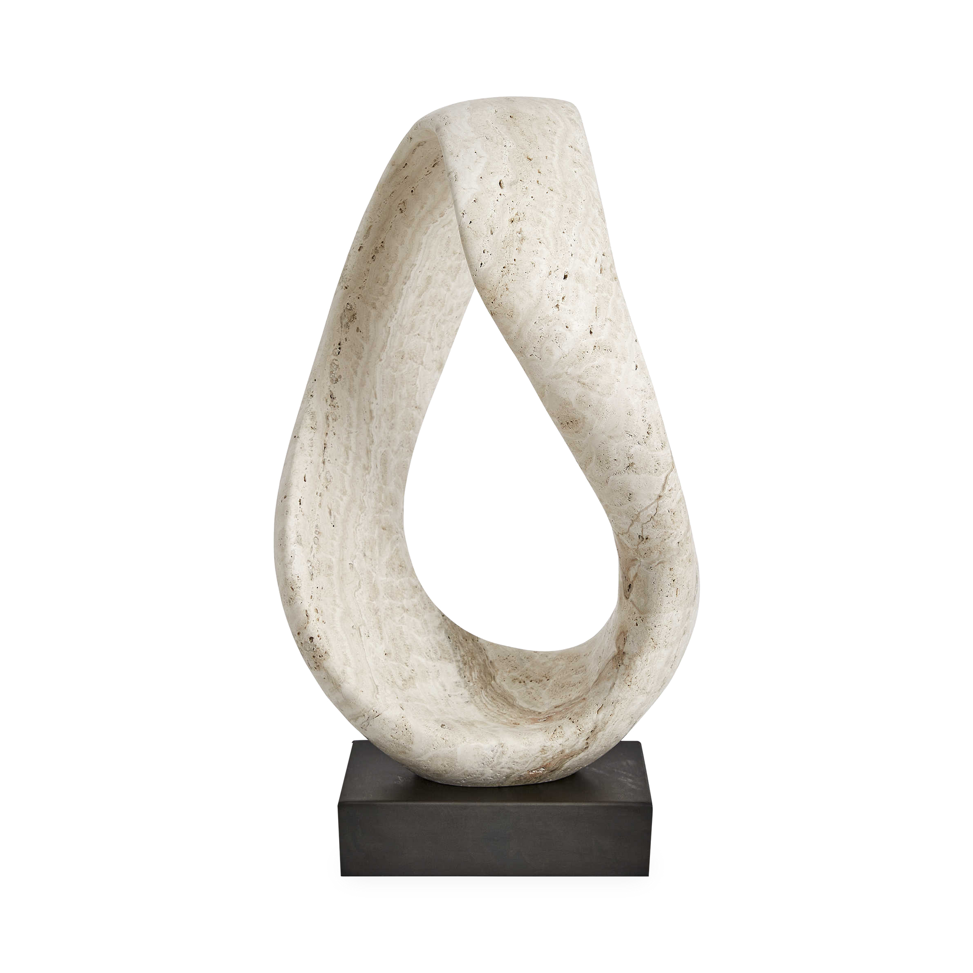 Characterized by its endless twisted loop form, the Twist Travertine Sculpture features a beige, unfilled honed travertine body and sits atop a bronzed metal base.