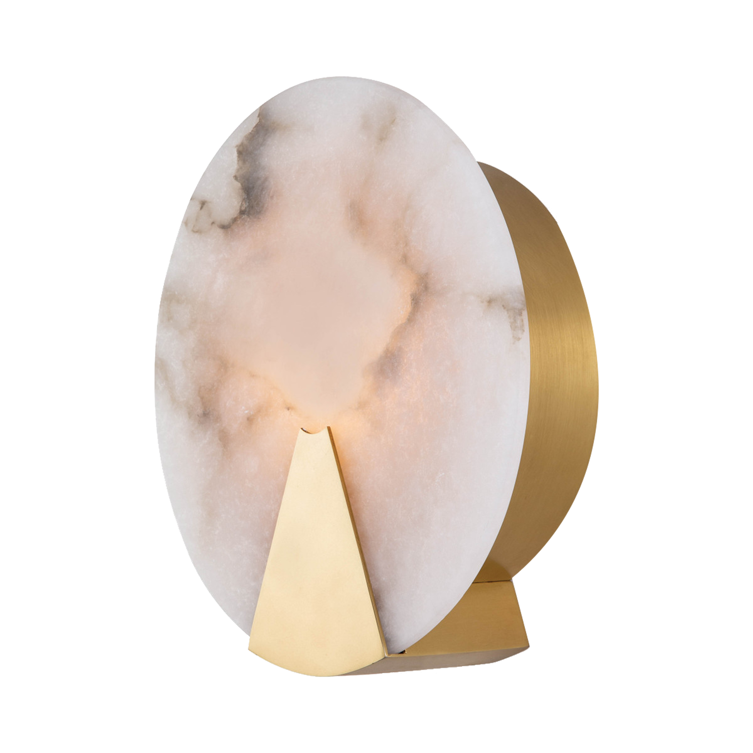 Cassius Wall Light showcases a round piece of natural alabaster secured by natural brass-finished metal framing.