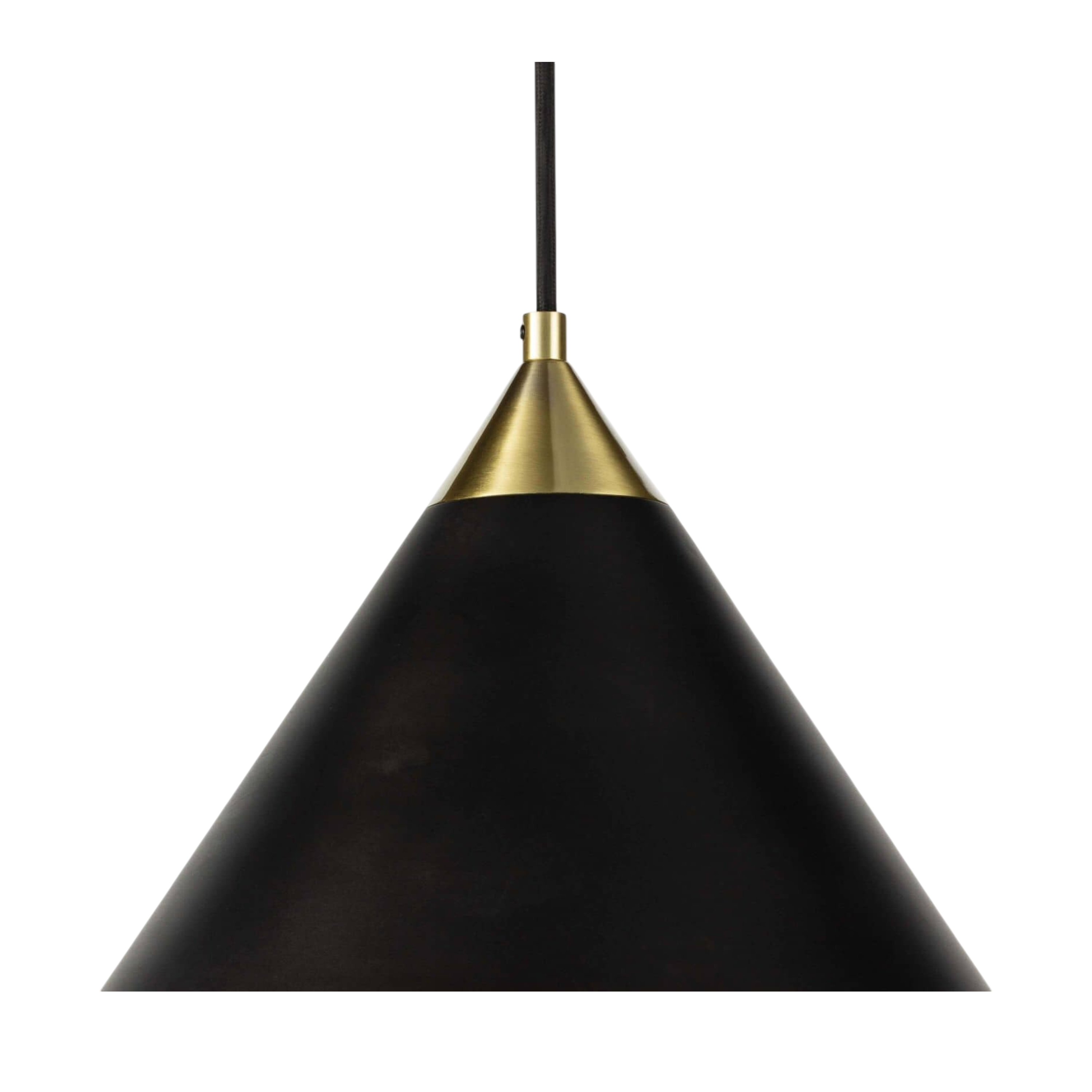 Close-up of Hilton Pendant showing matte black conical shade and contrasting natural brass top detail.