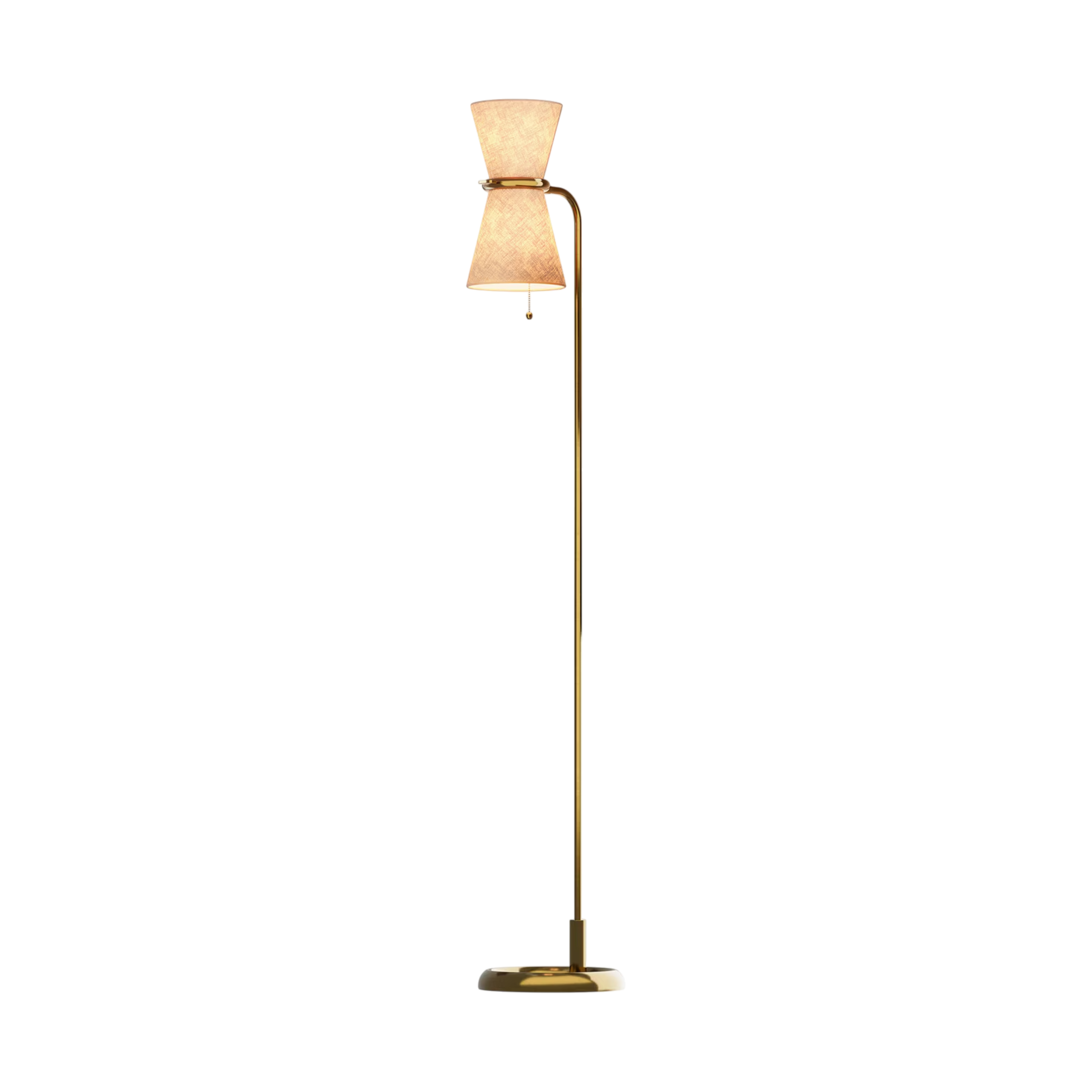 Gable Antique Brass Floor Lamp illuminated, showing the warm glow through its sculptural hourglass linen shade.