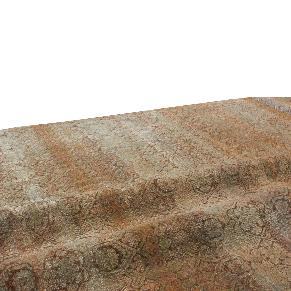 A close-up of a textured woven textile with an intricate geometric and floral pattern in earthy brown, beige, and muted gold tones, draped against a solid white background.