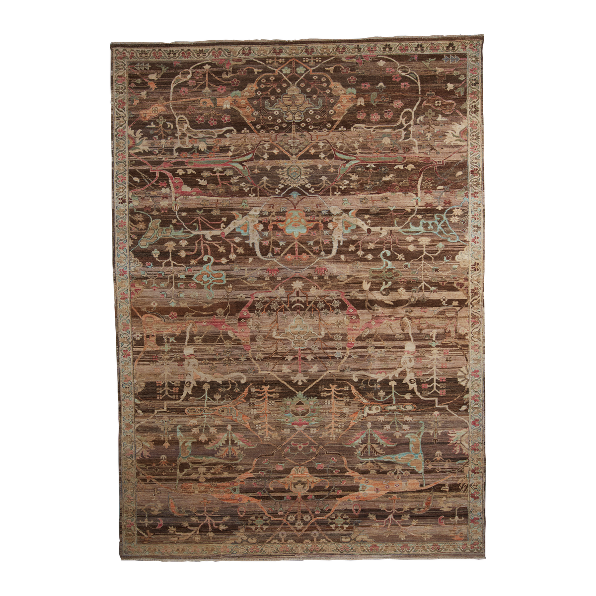 A rectangular vintage-style area rug with an intricate, distressed traditional pattern in earthy brown, beige, and muted red tones, shown flat against a white background.