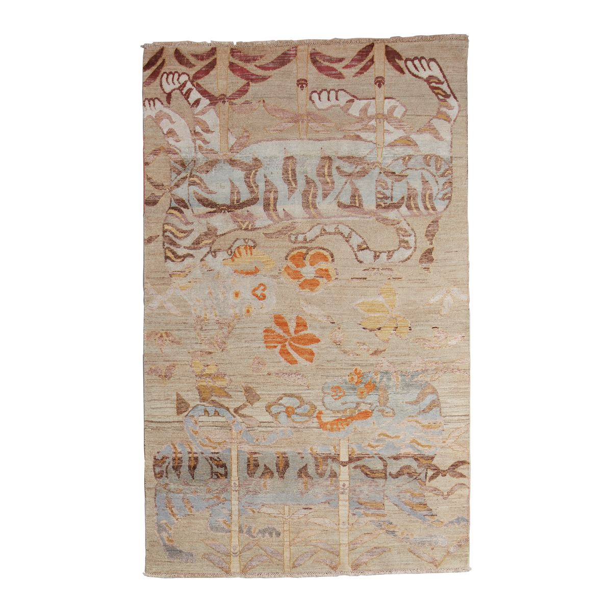 A rectangular handwoven rug with a complex, multi-colored folk art pattern featuring stylized figures, animals, and floral motifs in beige, brown, orange, and light blue tones, shown flat against a white background.