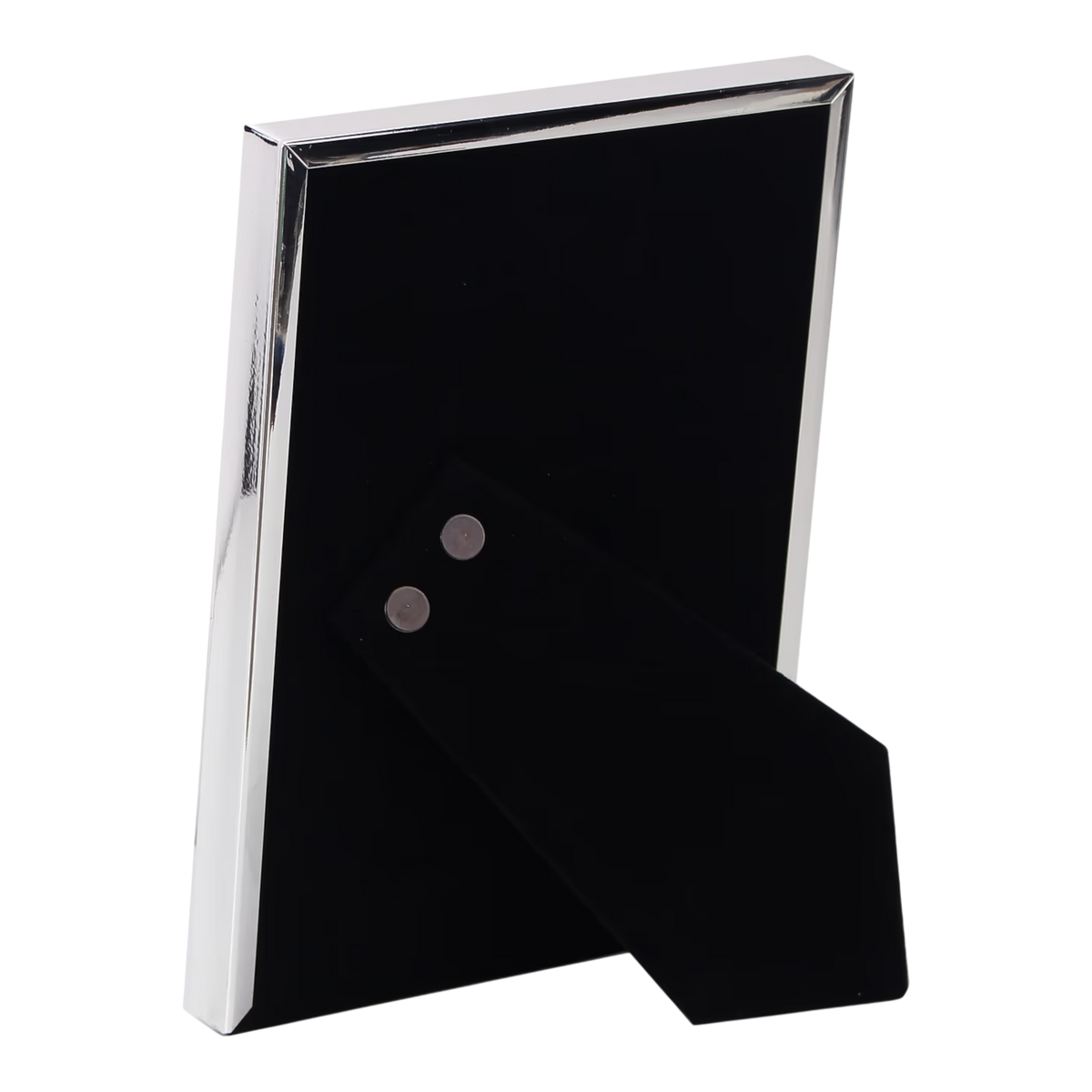 Square Frame with polished silver-plated border, black velvet backing and fold-out stand, shown from the back.