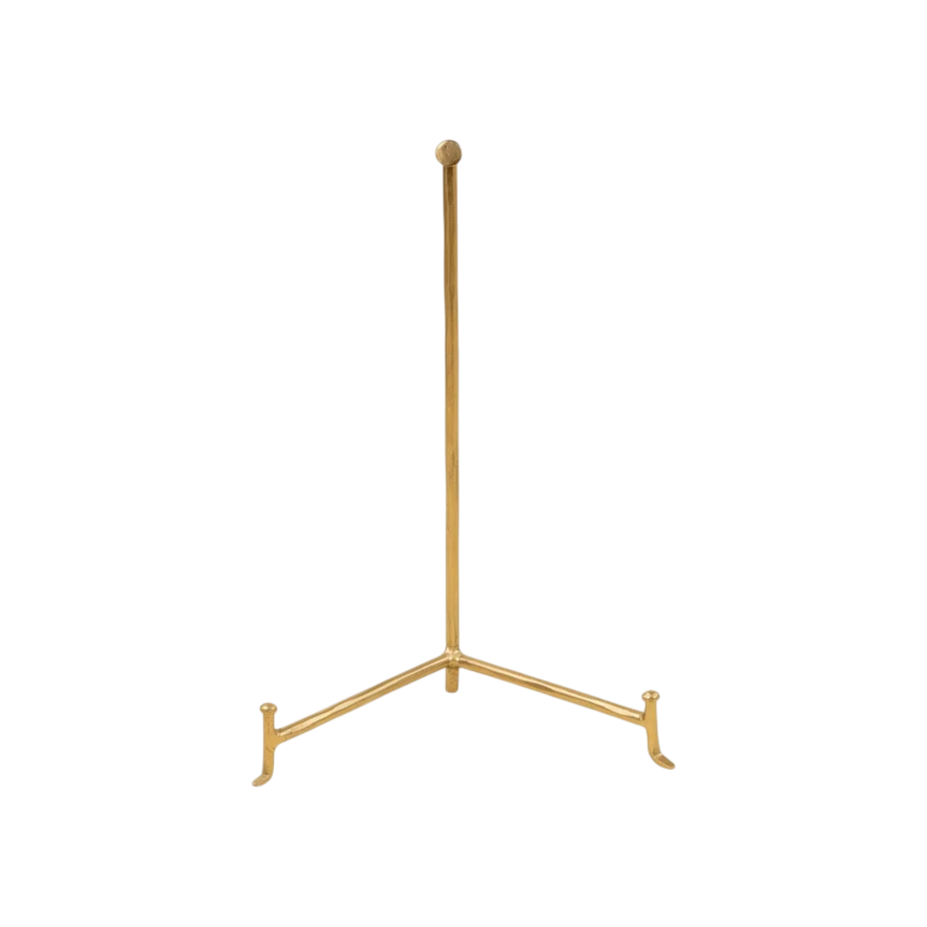 Small Atelier Display Stand in gold-tone iron with a slender vertical post, ball finial and open tripod base designed to support a plate, book or framed decorative object.