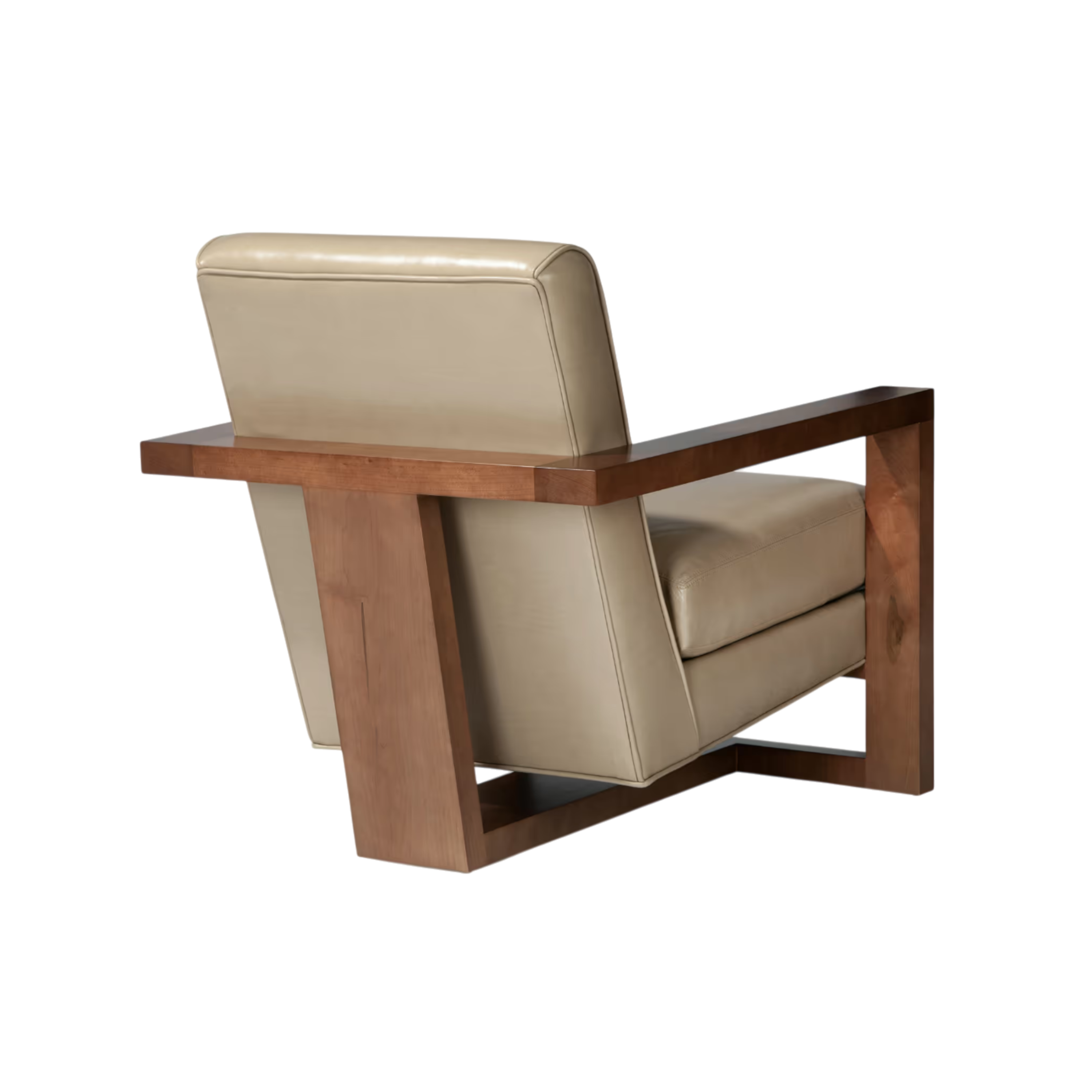 Rear three-quarter view of the Roger Lounge Chair, highlighting the cream upholstered backrest and structured warm wood frame.