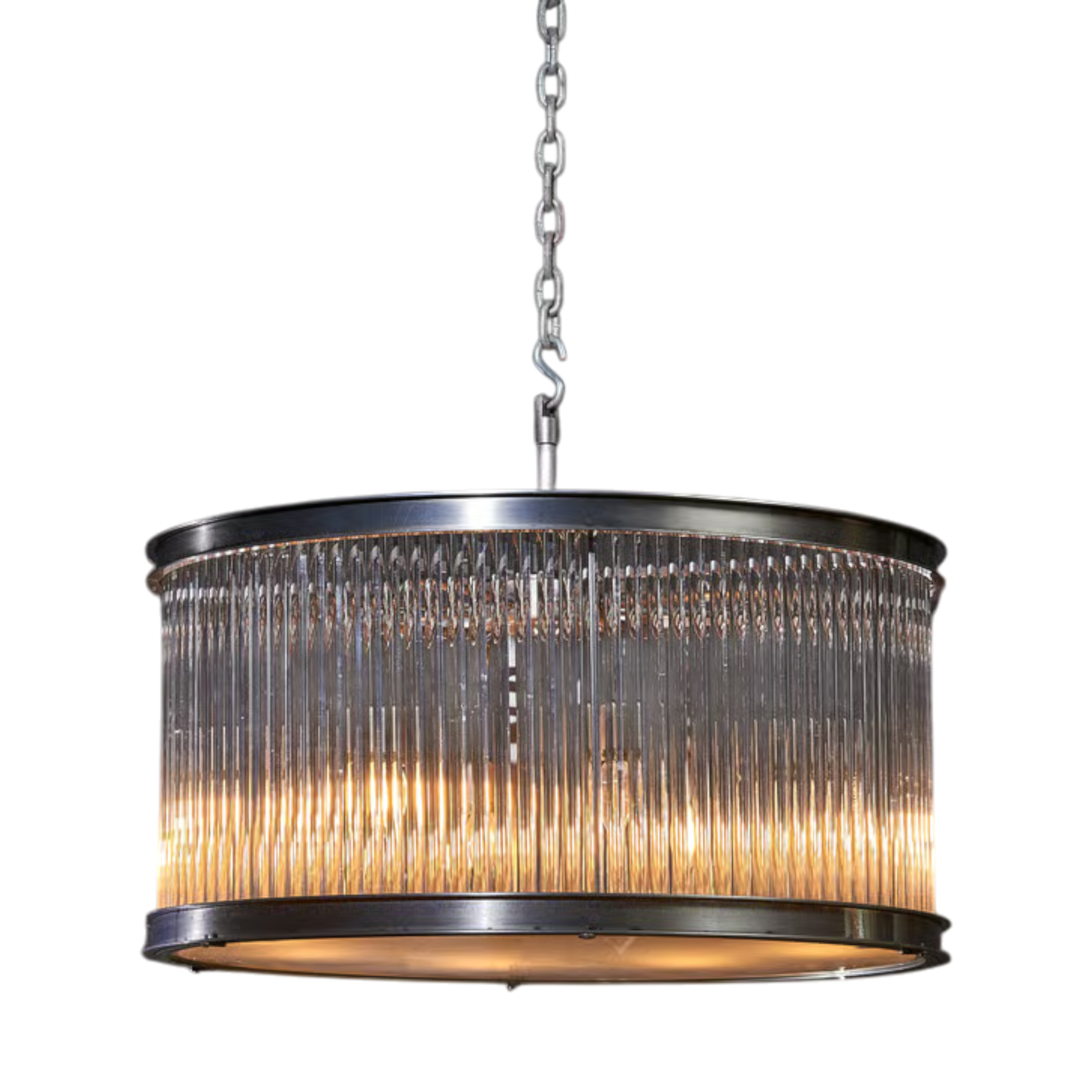 Rod Pendant Large with vertical clear glass rods framed by dark metal rings and suspended from a chain, illuminated with a warm ambient glow.