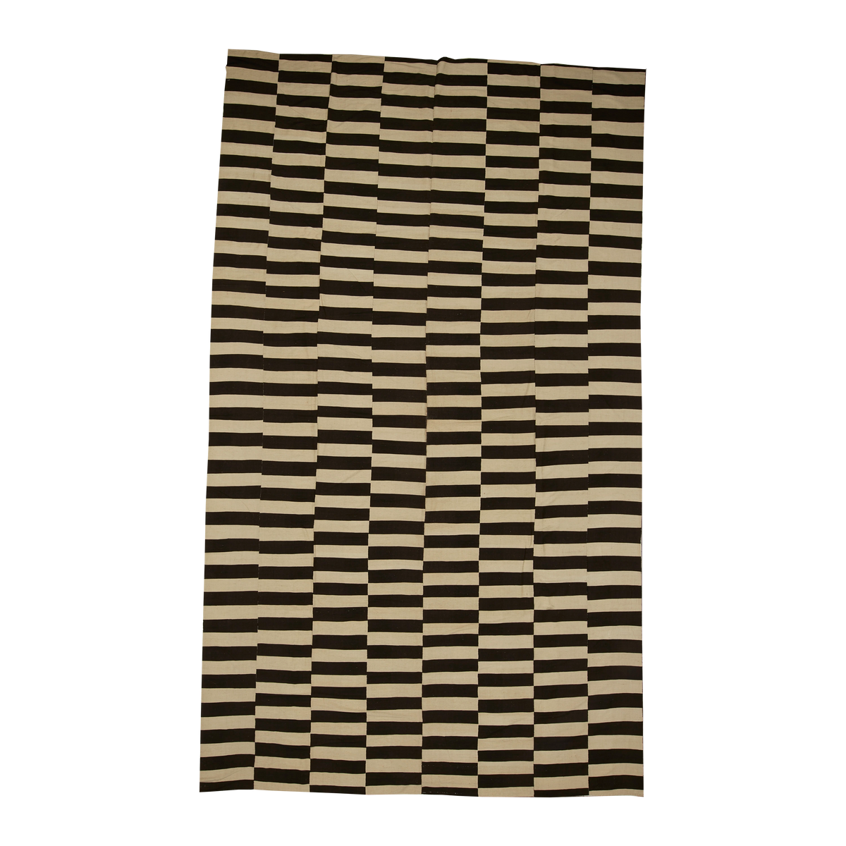 A rectangular fabric item, likely a table runner or placemat, featuring a repeating horizontal stripe pattern in black and beige, shown against a plain white background.