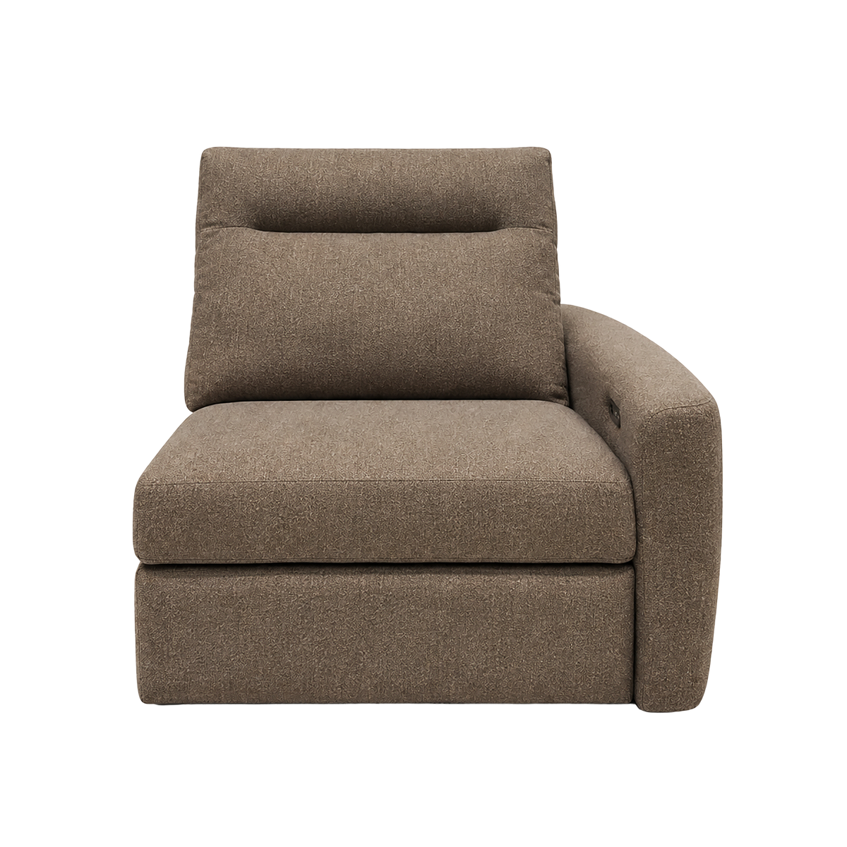 Keystone Reclining RAF Chair in heathered taupe-brown, front view showing the rounded arm, power-reclining seat, and open connecting end.