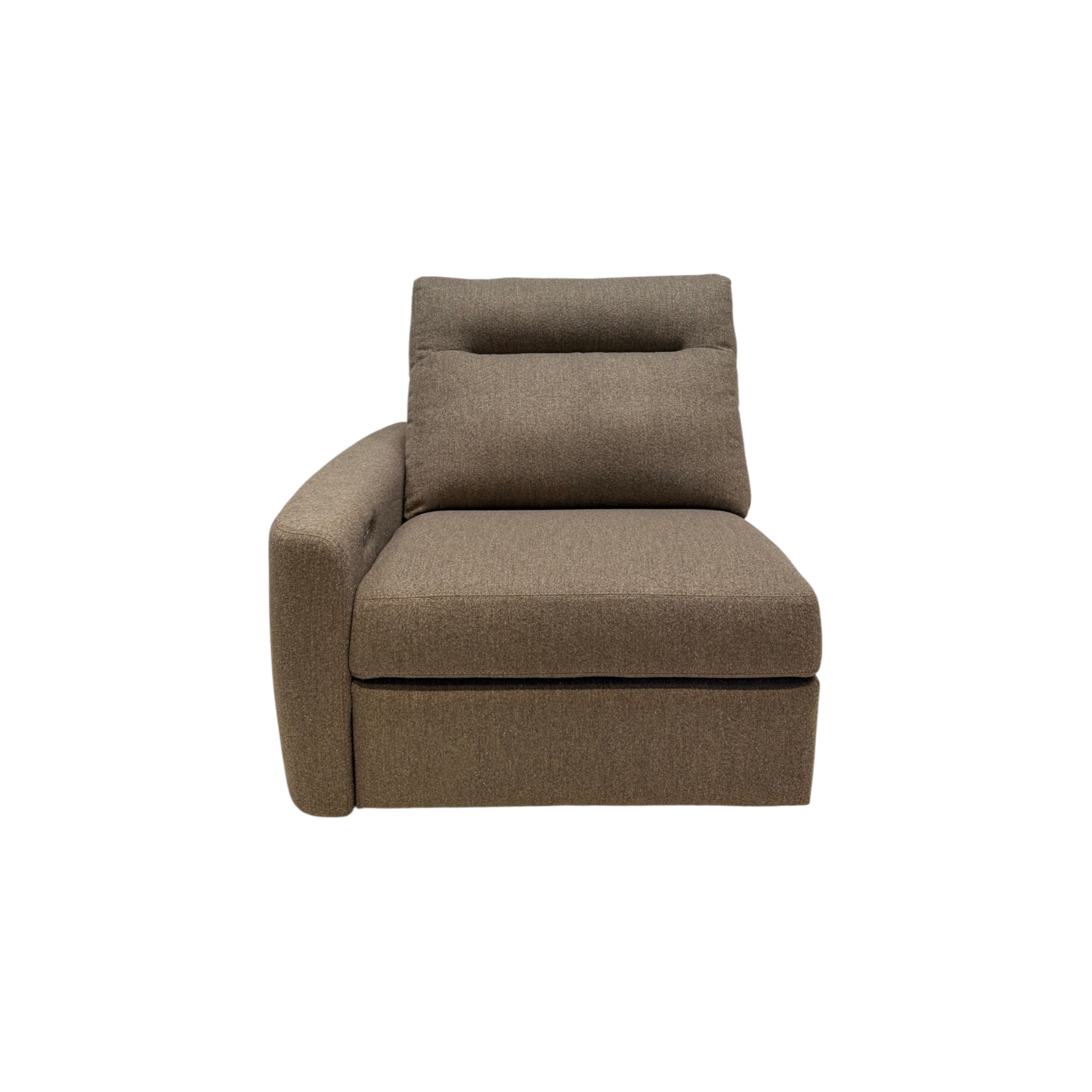 A modern low-profile accent chair upholstered in a textured taupe-brown fabric, featuring a wide armrest, a separate back cushion, and a segmented seat base, shown against a plain white background.
