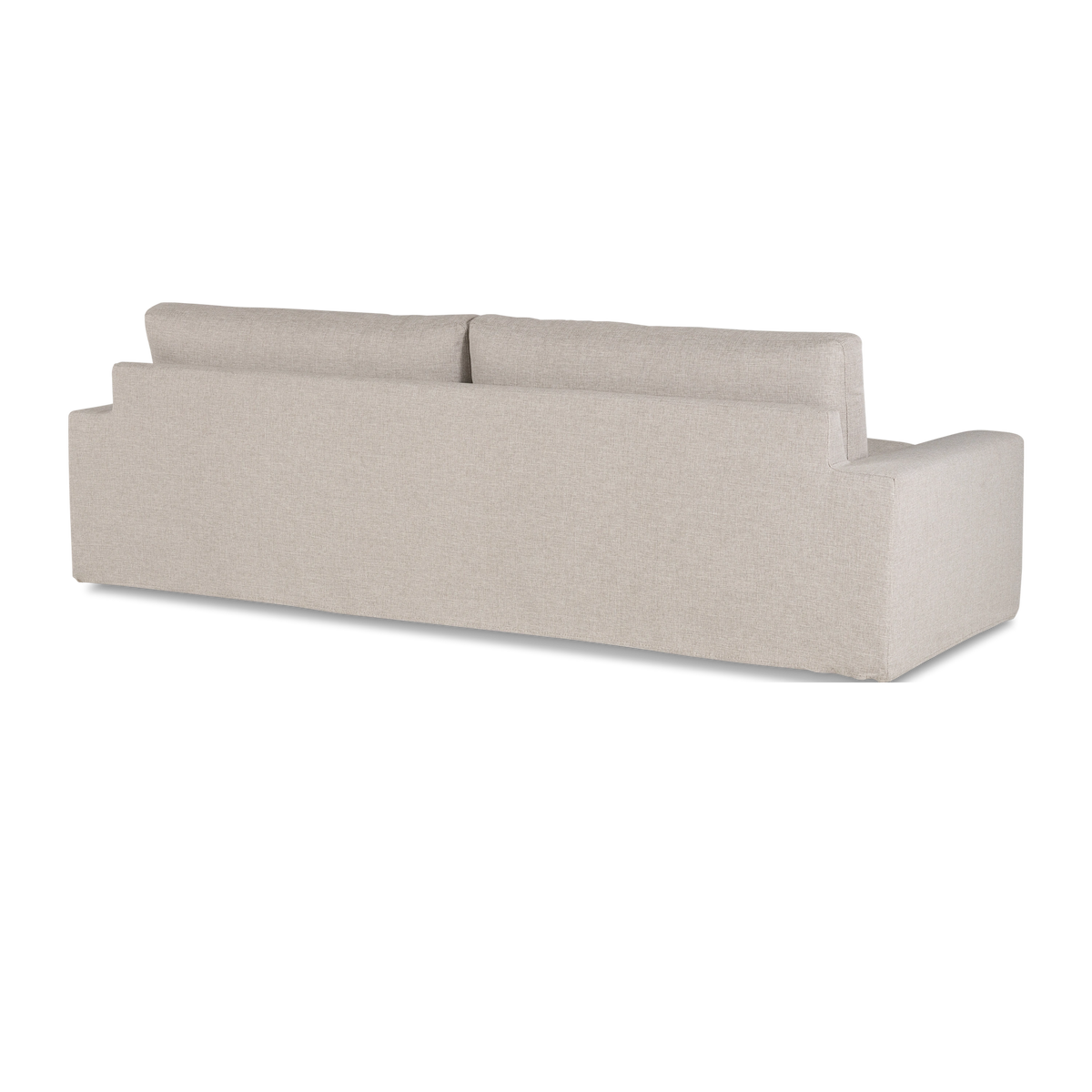 Montara Sofa in Pumice woven fabric shown from an angled rear view, with a smooth, upholstered back panel, loose back cushions, and a squared arm.