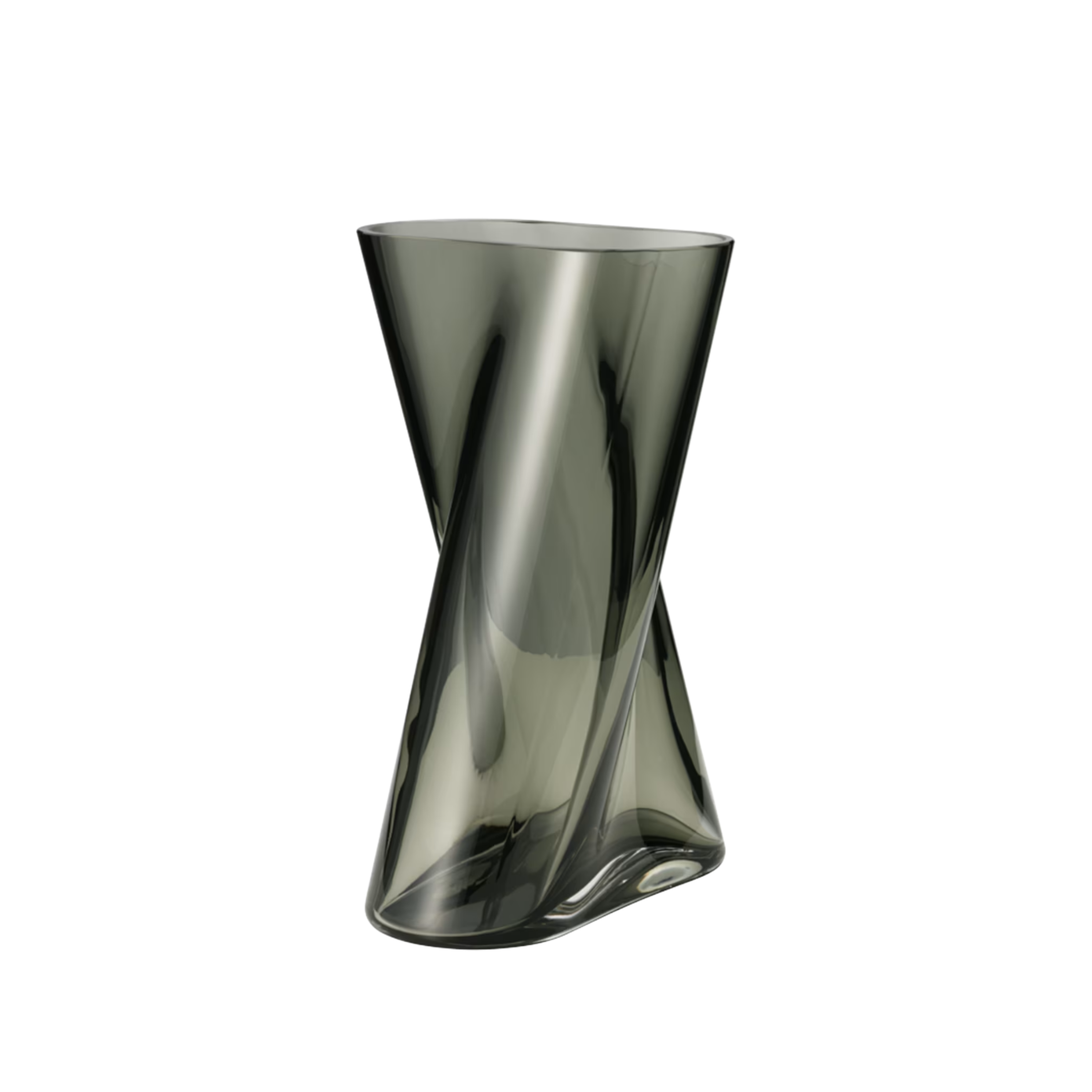 Medium Lituus Vase in smoked glass with a sculptural hourglass silhouette, twisted tapering sides and a softly asymmetrical mouth-blown form.