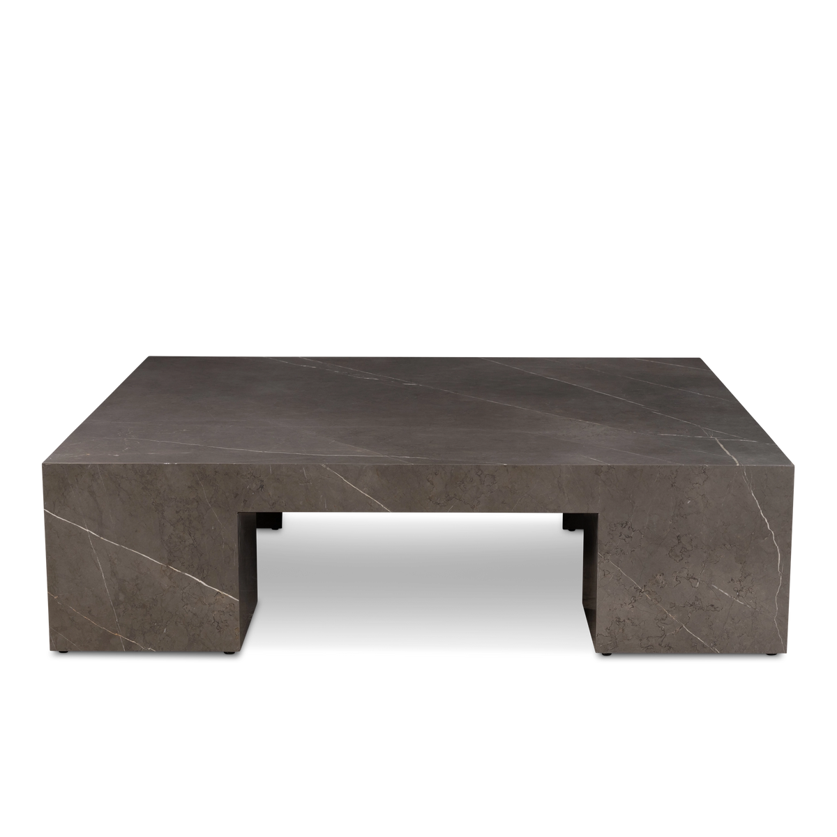 Duvall Coffee Table shown from the front in warm gray Petra Grey marble, with a thick square top and block legs framing an open center.