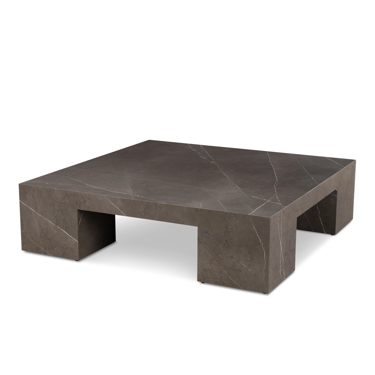 Duvall Coffee Table angled view in warm gray Petra Grey marble, highlighting the four block legs and thin white veins running across the square top.