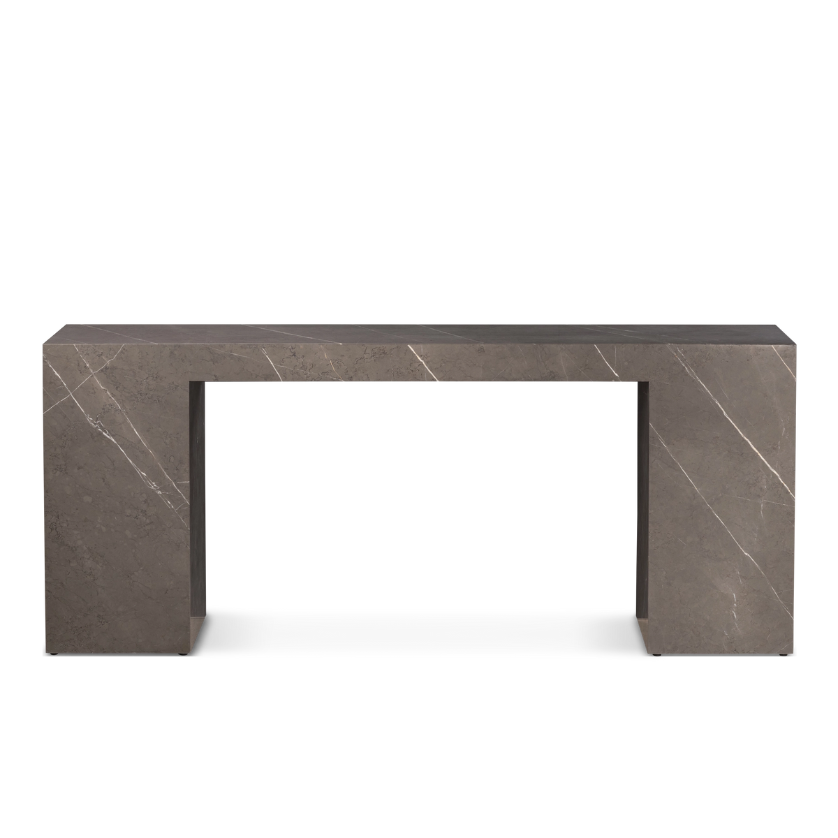 Duvall Console Table shown from the front in warm gray Petra Grey marble, with a long slab top spanning two solid block legs