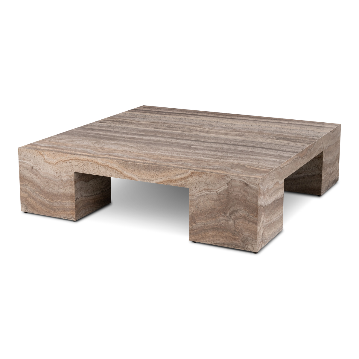 Duvall Coffee Table shown from a slightly elevated angle in Taupe travertine, highlighting the square top, long horizontal veining, and the four block legs.