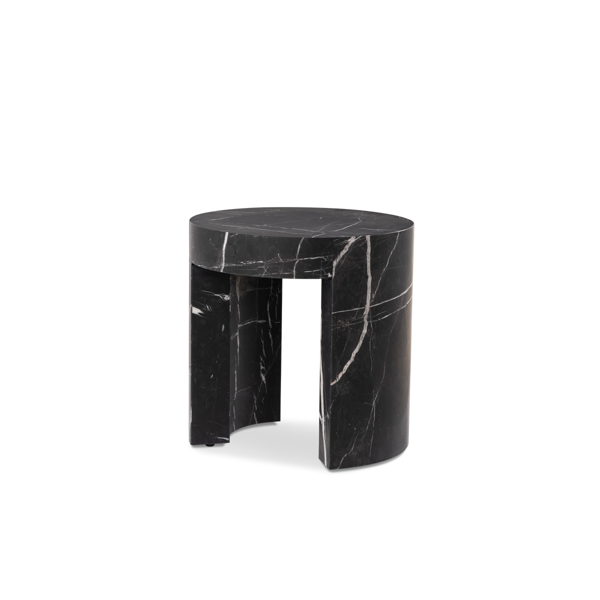 Shift Side Table in Black Nero Marquina marble, angled view showing the open arch between the legs and fine white veining across the honed top.