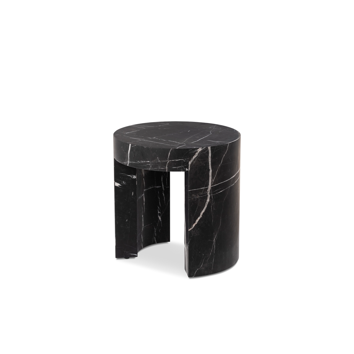 Shift Side Table shown in an angled view in Black Nero Marquina marble, highlighting the round honed top, the arched legs, and the white veins running down the curved leg.