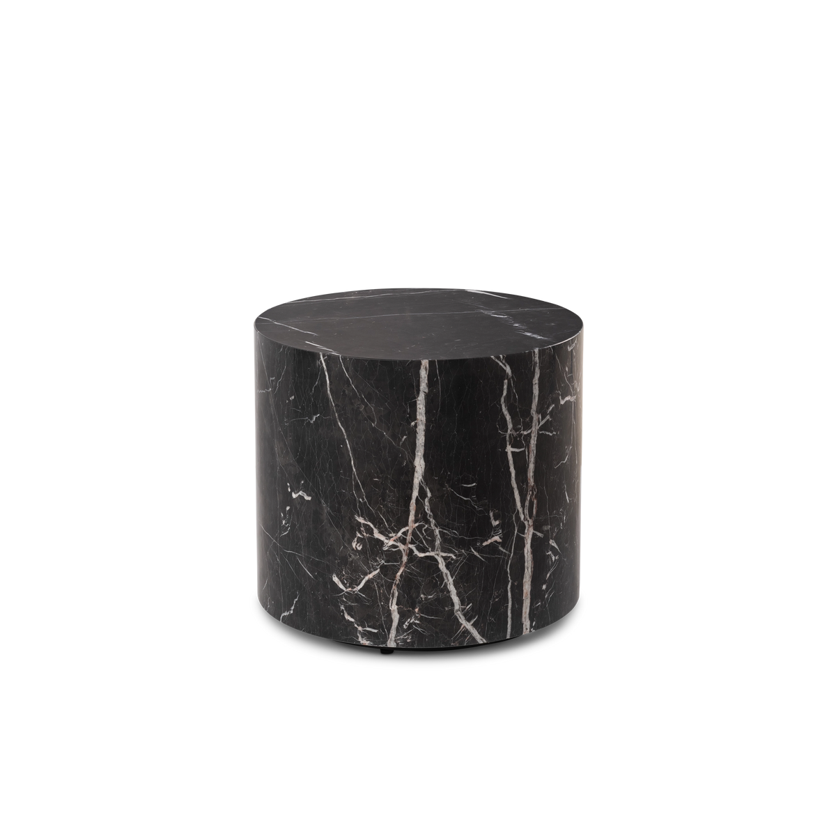 Meta Round Side Table shown from the front in Black Nero Marquina marble, highlighting the honed top and the bold white veins running down the curved side.