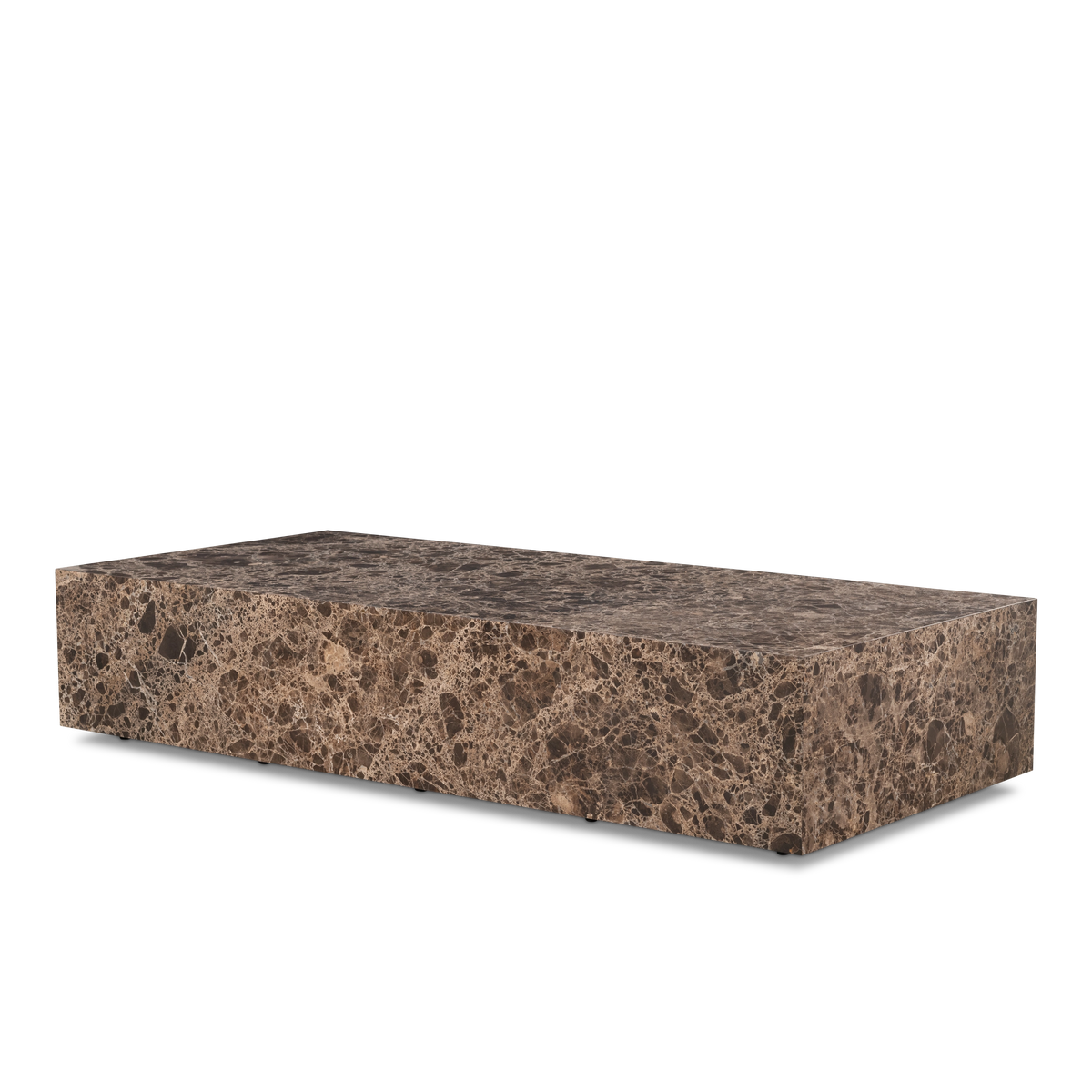 Meta Rectangular Coffee Table shown in an angled view in Chocolate Brown Dark Emperador marble, highlighting the honed top, the long side face, and the small dark feet beneath.