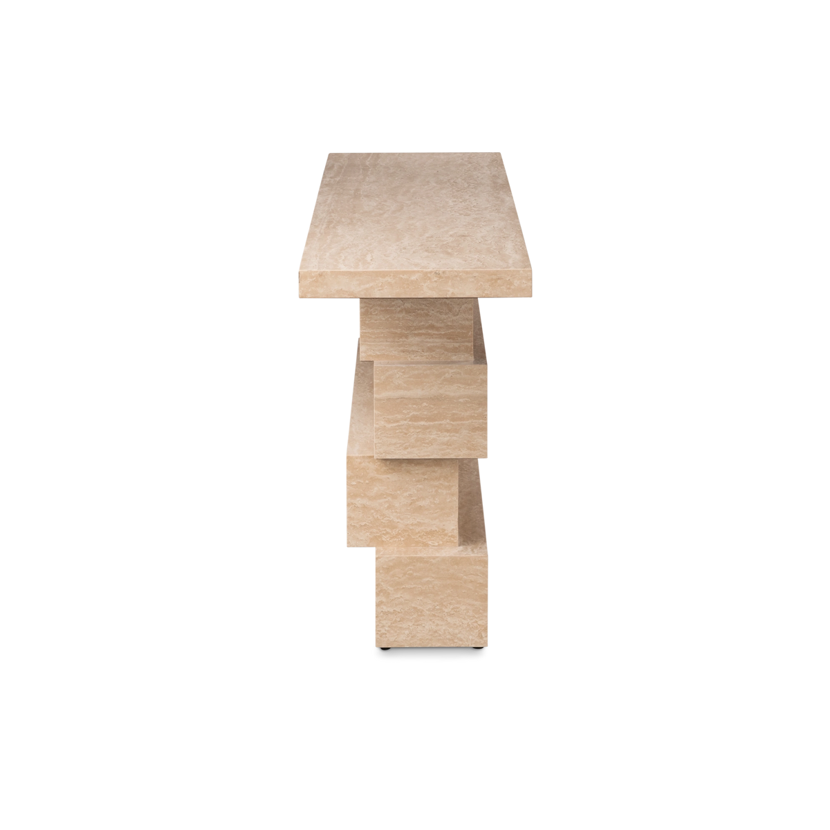 Balance Console Table angled view in warm beige Turkish travertine, highlighting the overhanging top and fibrous veining running along each block.