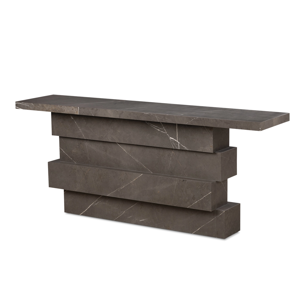 Balance Console Table angled view in warm gray Petra Grey marble, highlighting the overhanging top and the stepped, offset block base.