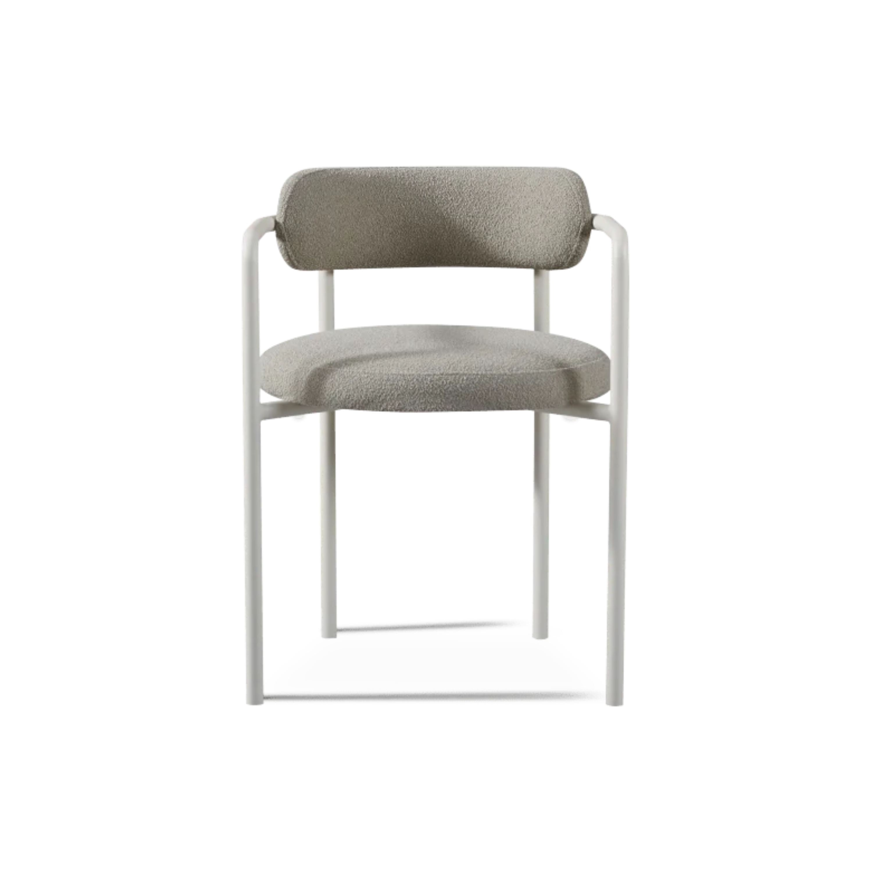 Porto Dining Chair front view featuring textured neutral upholstery, rounded cushioned seat and curved back on a slim white metal frame.