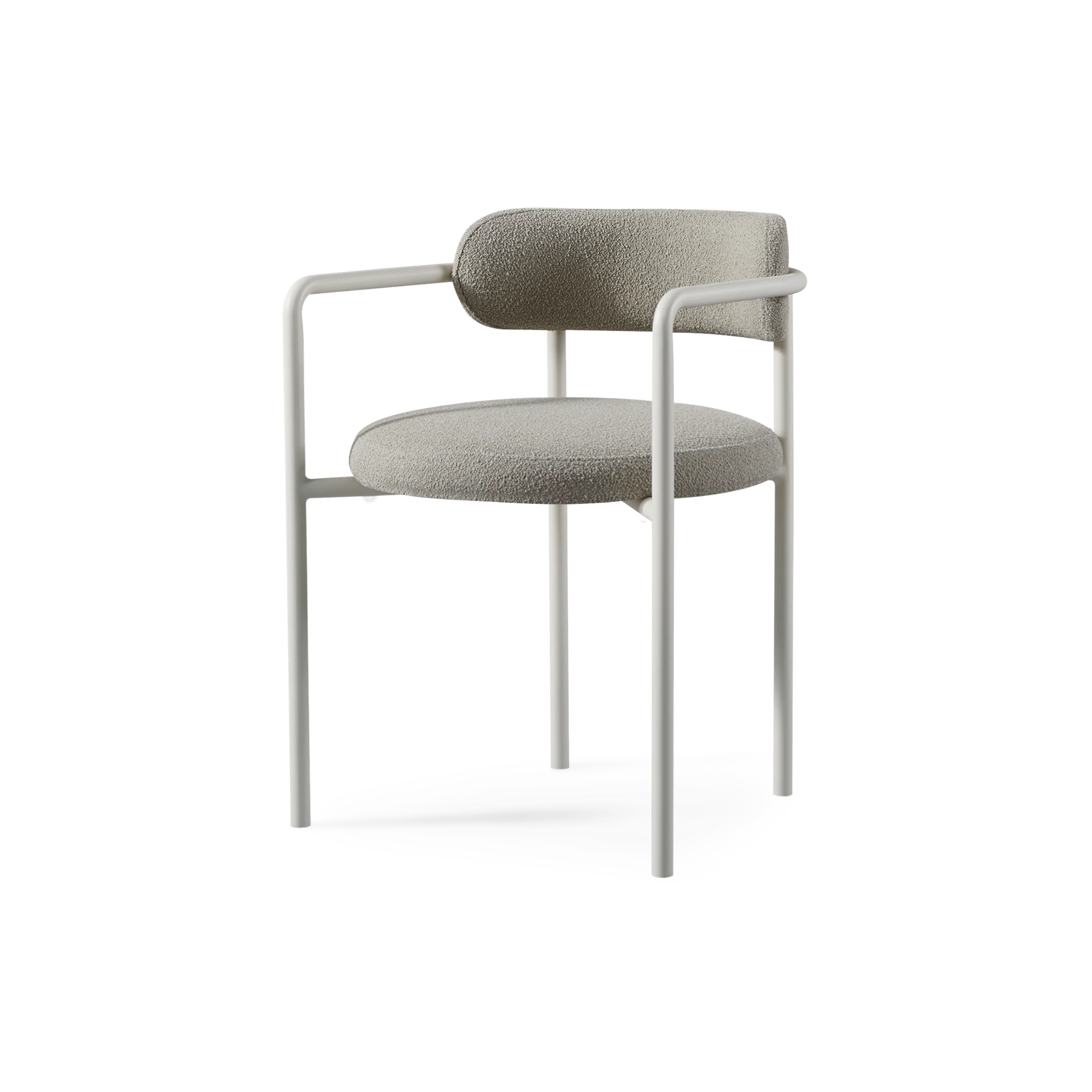 Porto Dining Chair shown at an angle with textured neutral upholstery, integrated white metal arms and a lightweight contemporary silhouette.