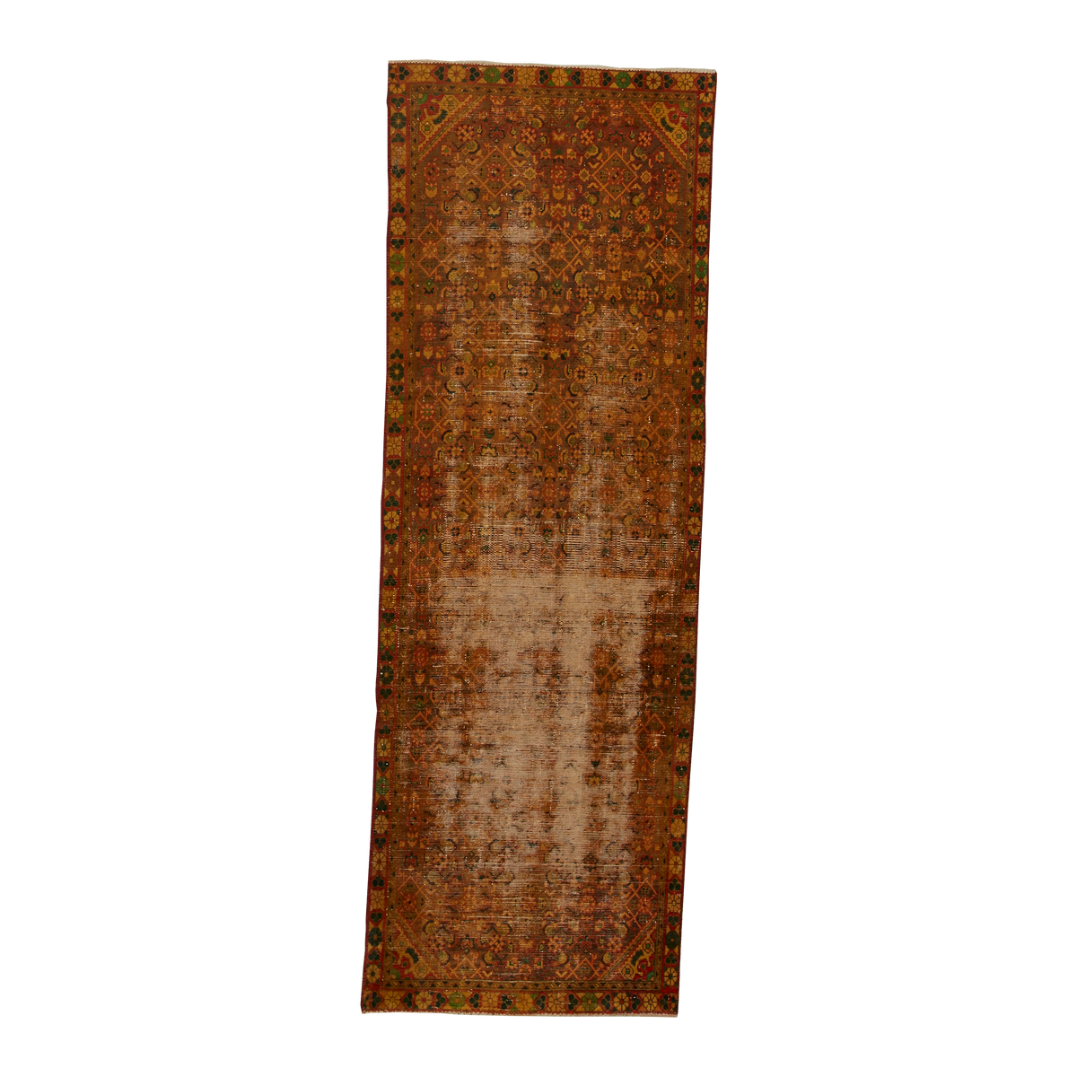 A long, narrow vintage runner rug with a distressed traditional pattern, featuring a warm brown and rust-orange field with a faded beige center and colorful geometric borders.