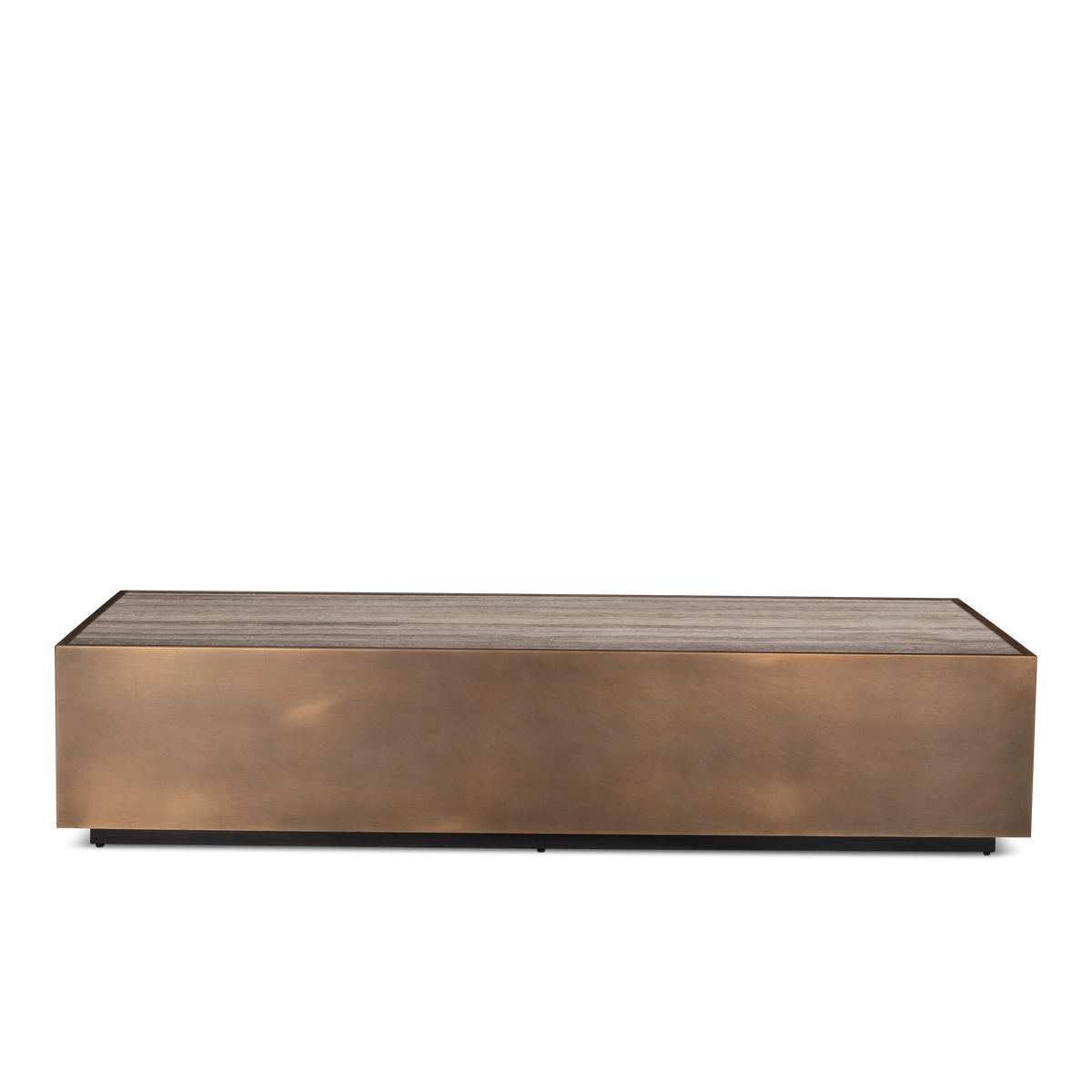 Pedra Rectangular Coffee Table shown from the front in Aged Bronze, with the smooth steel face, the inset taupe travertine, and the dark plinth with small feet beneath.