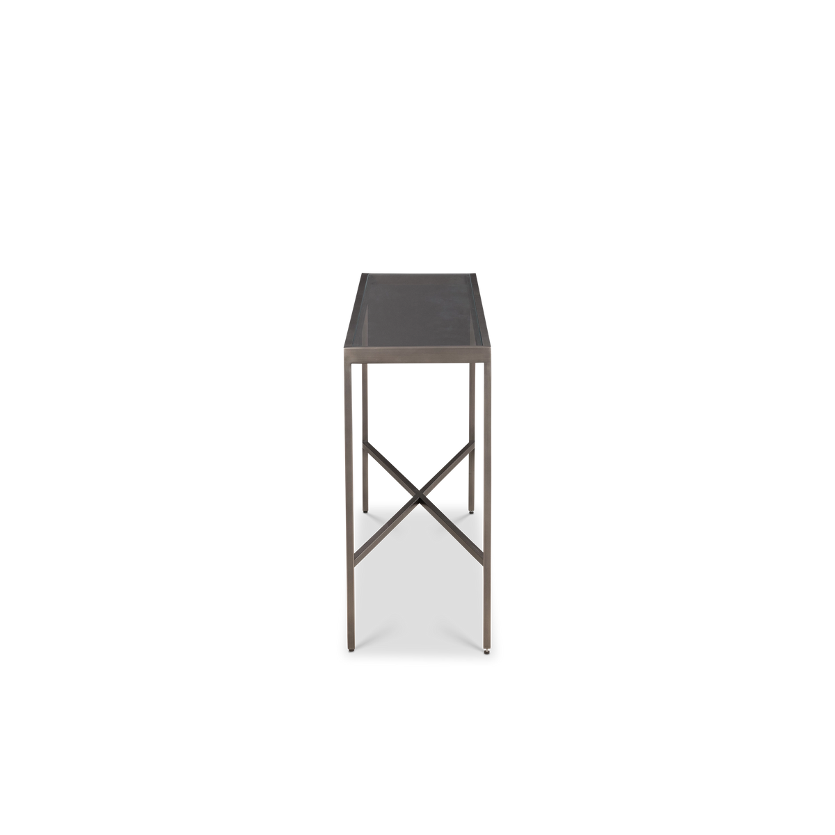 Side view of the Tenor Console Table in Aged Pewter, showing the narrow depth, the X-shaped stretcher between the legs, and small dark feet at the base.