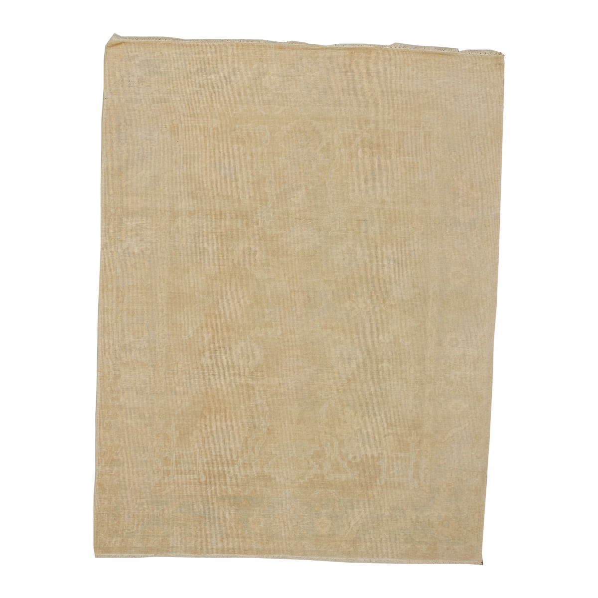 A rectangular area rug with a distressed, faded traditional pattern in warm beige and cream tones, shown flat against a solid white background.
