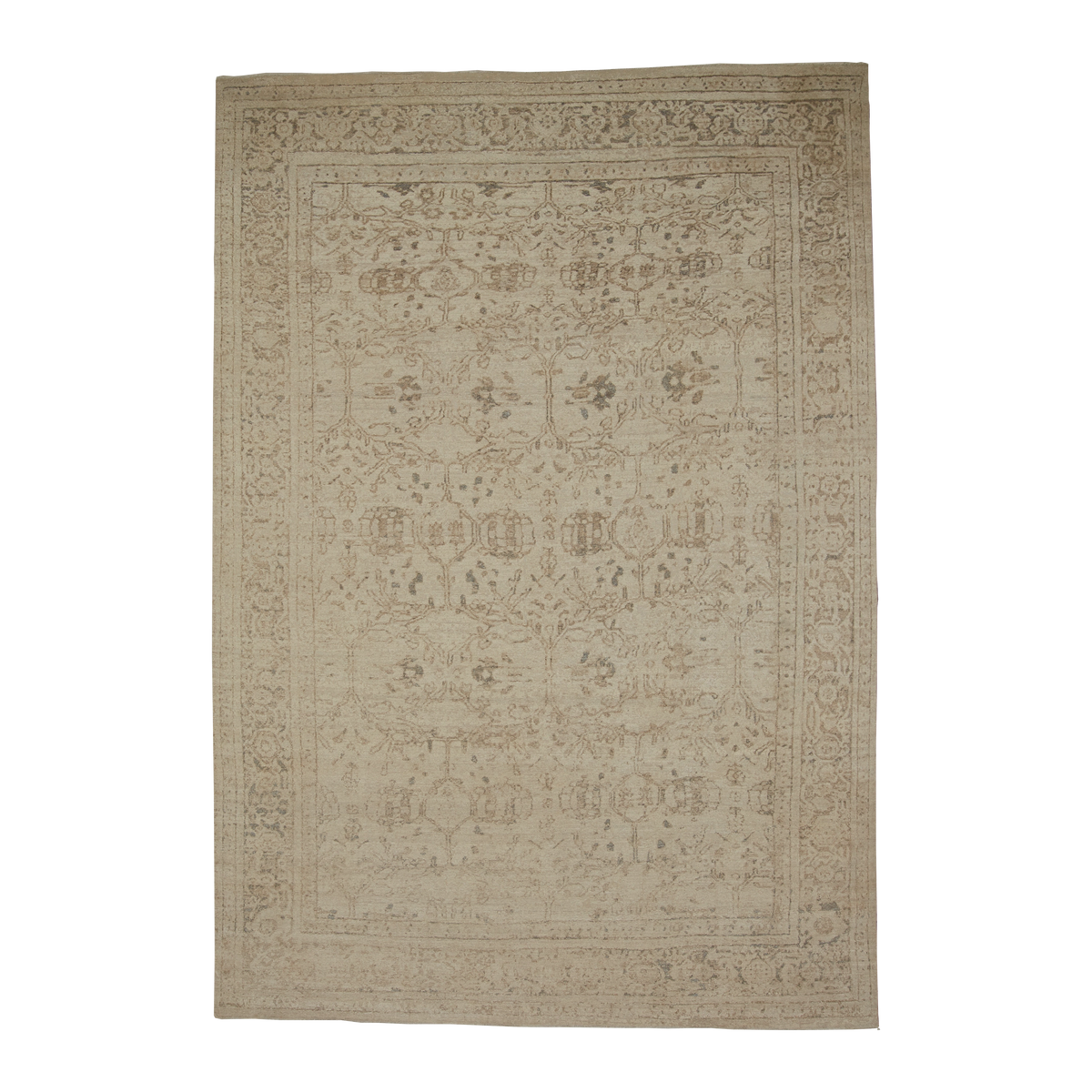 A rectangular vintage-style area rug with an intricate distressed floral and medallion pattern in muted beige, taupe, and light brown tones, shown flat against a solid white background.